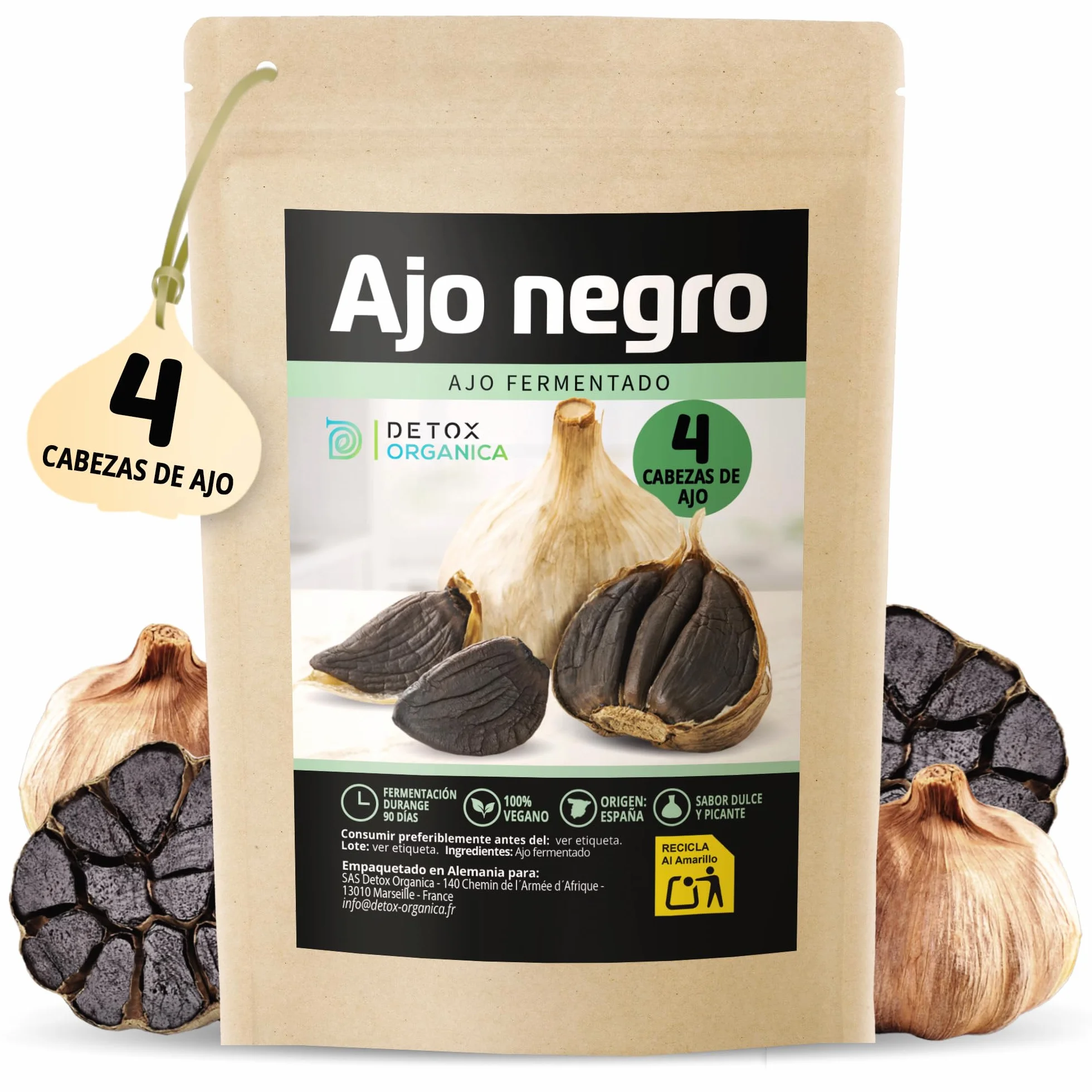 Detox Organica Ajo Negro 4 Cabezas Fermentadas Dientes Enteros Fermentación 90 Días 100% Natural Vegano