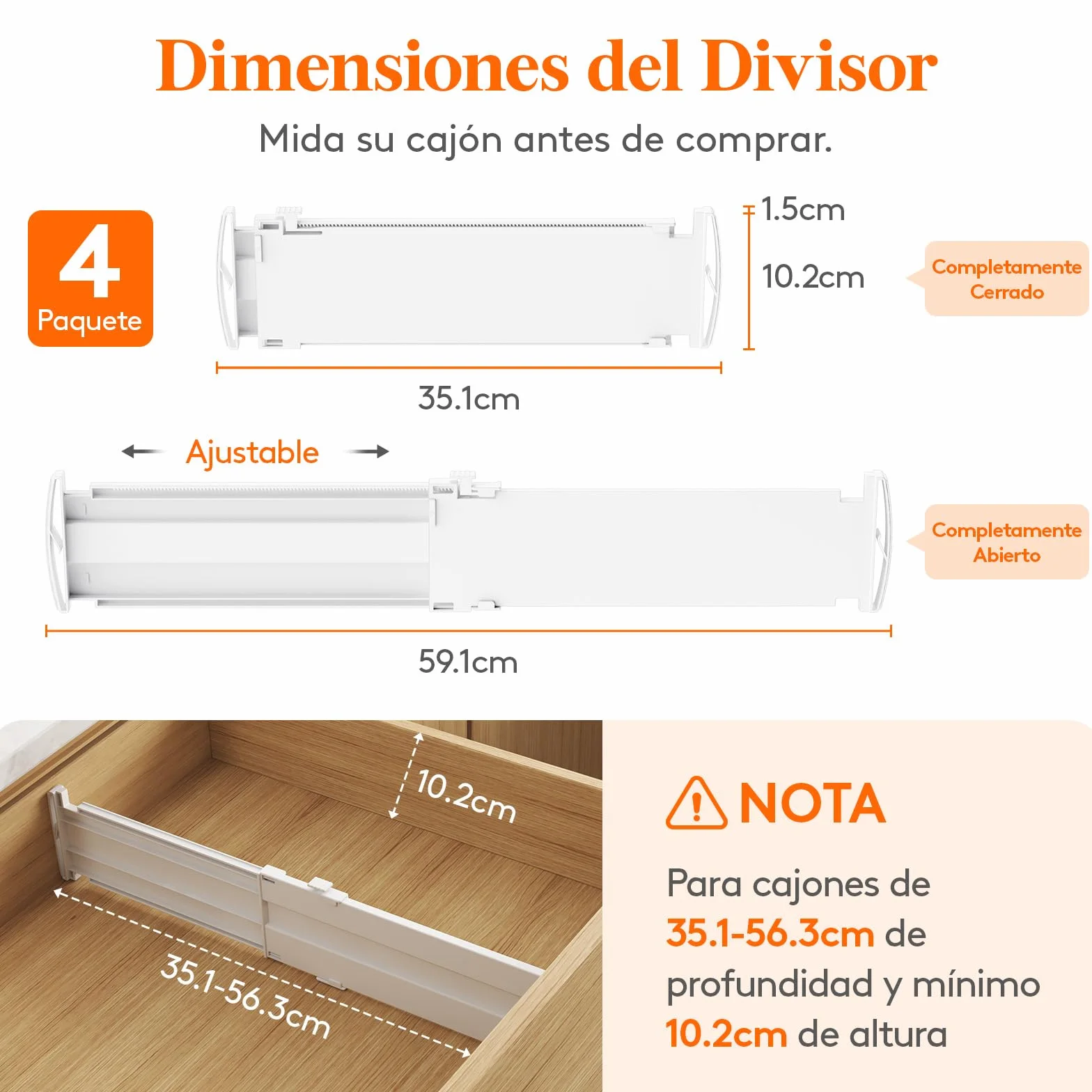 Lifewit Separadores de Cajones para Altura 10 cm, Ancho 35-55cm Divisores Ajustables para Armarios de Ropa, Organizador Plastico para Vestidores, Cocina, Baño, Tocadores y Escritorios, Juego de 4