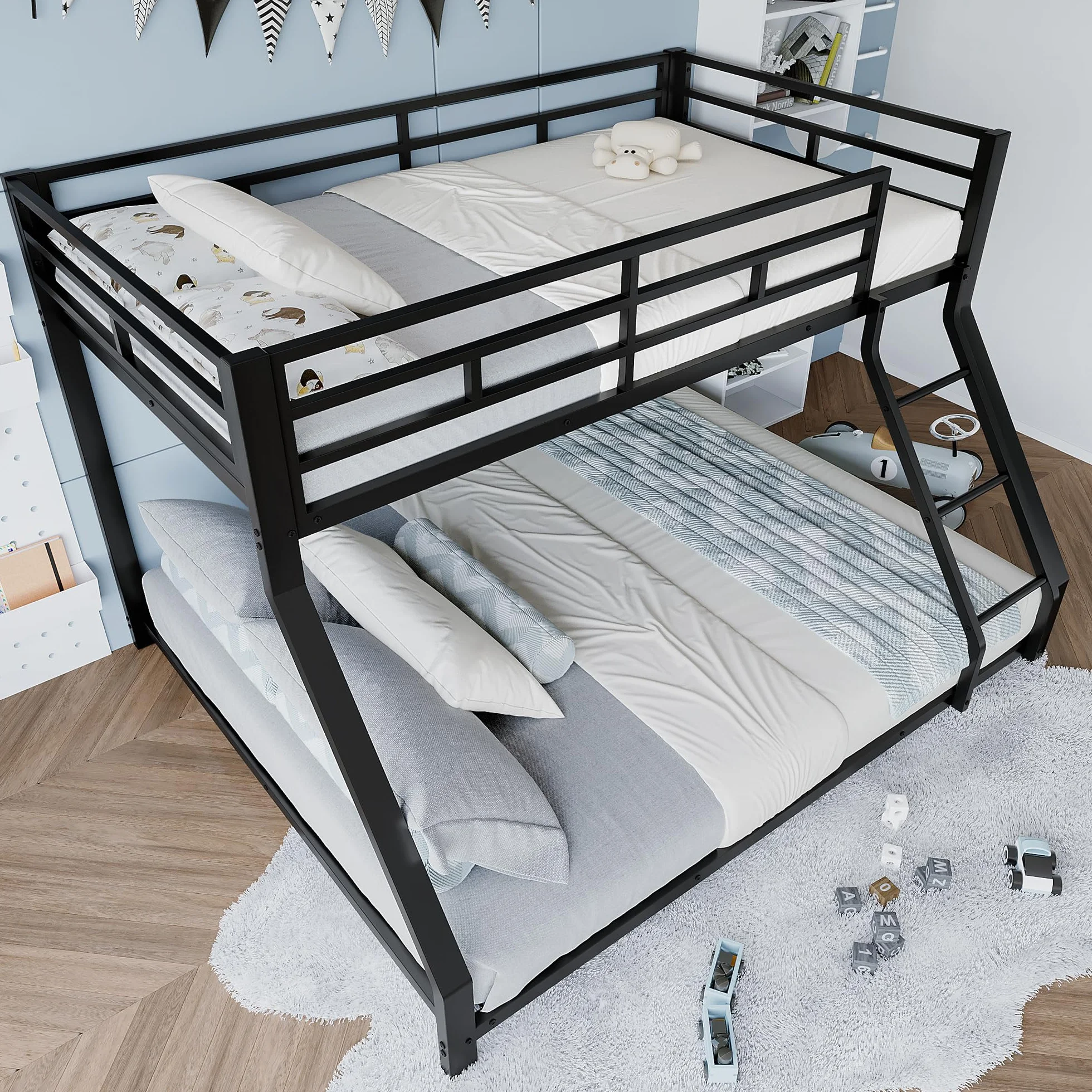 Litera doble para niños, barandilla, con escalera segura, sin colchón, diseño elegante, adecuado para cualquier decoración de habitación infantil, metal, 90 x 200 cm, 140 x 200 cm (negro)