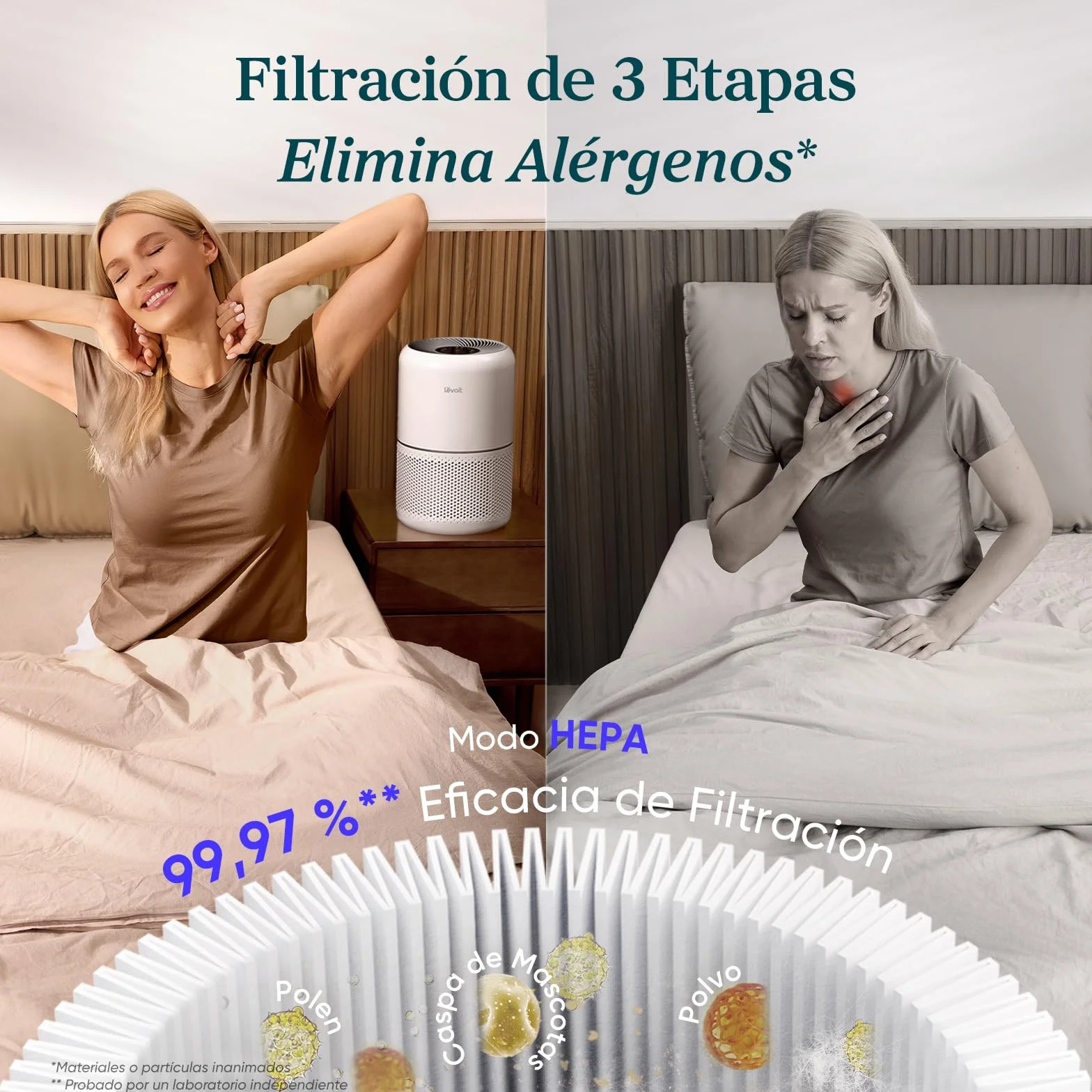 LEVOIT Purificador de Aire con Filtro Hepa, Purificador Aire Hogar para Alergias, Flitros Personalizados Elimina 99,97% del Polen, Polvo, Olores de Mascotas, Modo Sueño y Temporizador