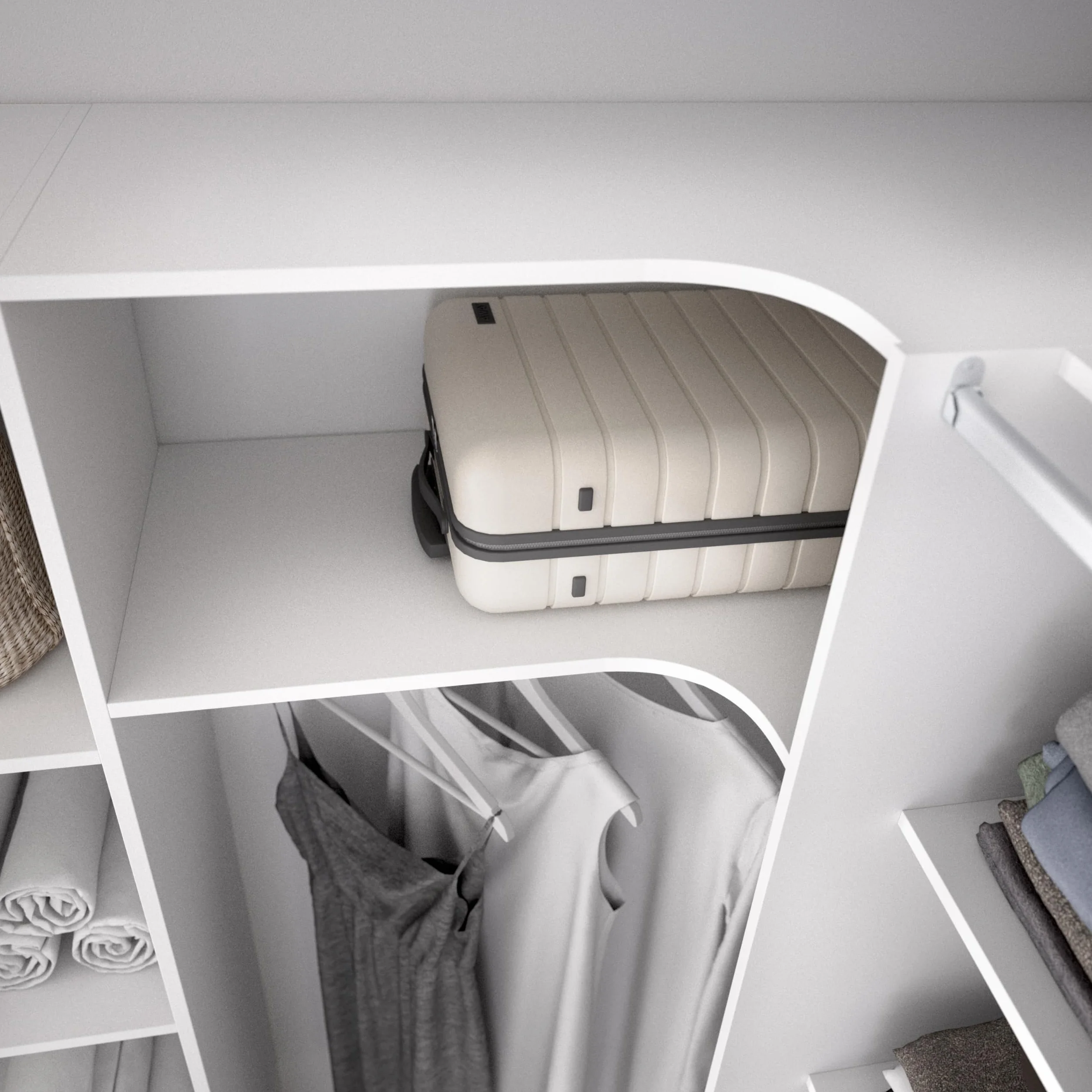 DEKIT GRUPO RIMOBEL SUIT - Conjunto de Vestidor rinconero con dos columnas, zona de barras y cortina - Blanco - 205 x 164-234 x 141 cm