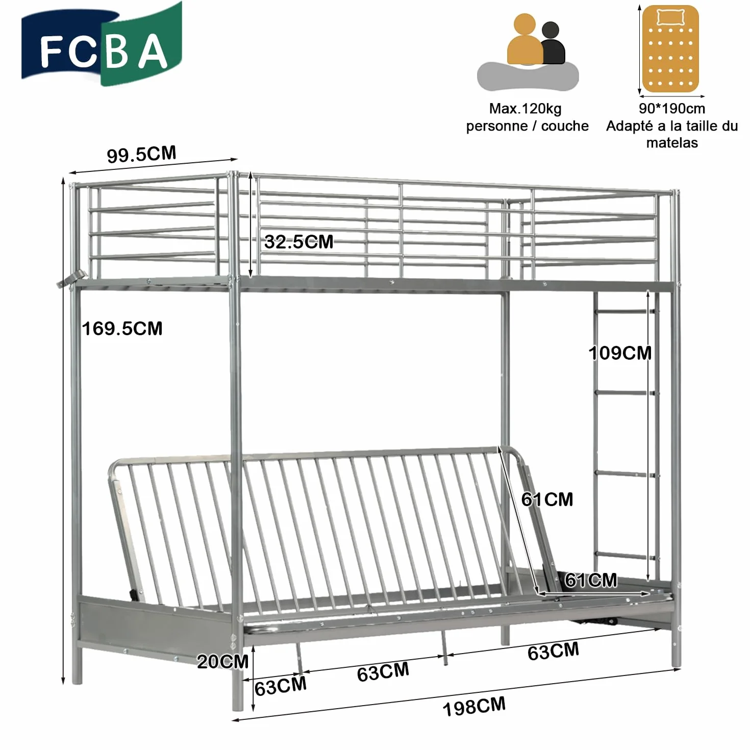 MEUBLE Cosy Literas Juveniles 90x190cm Marco de Cama con Sofá Plegable y Futón y Somier de Lamas de Metal, Estilo Industrial, para Dormitorio Infantil Hogar, Gris