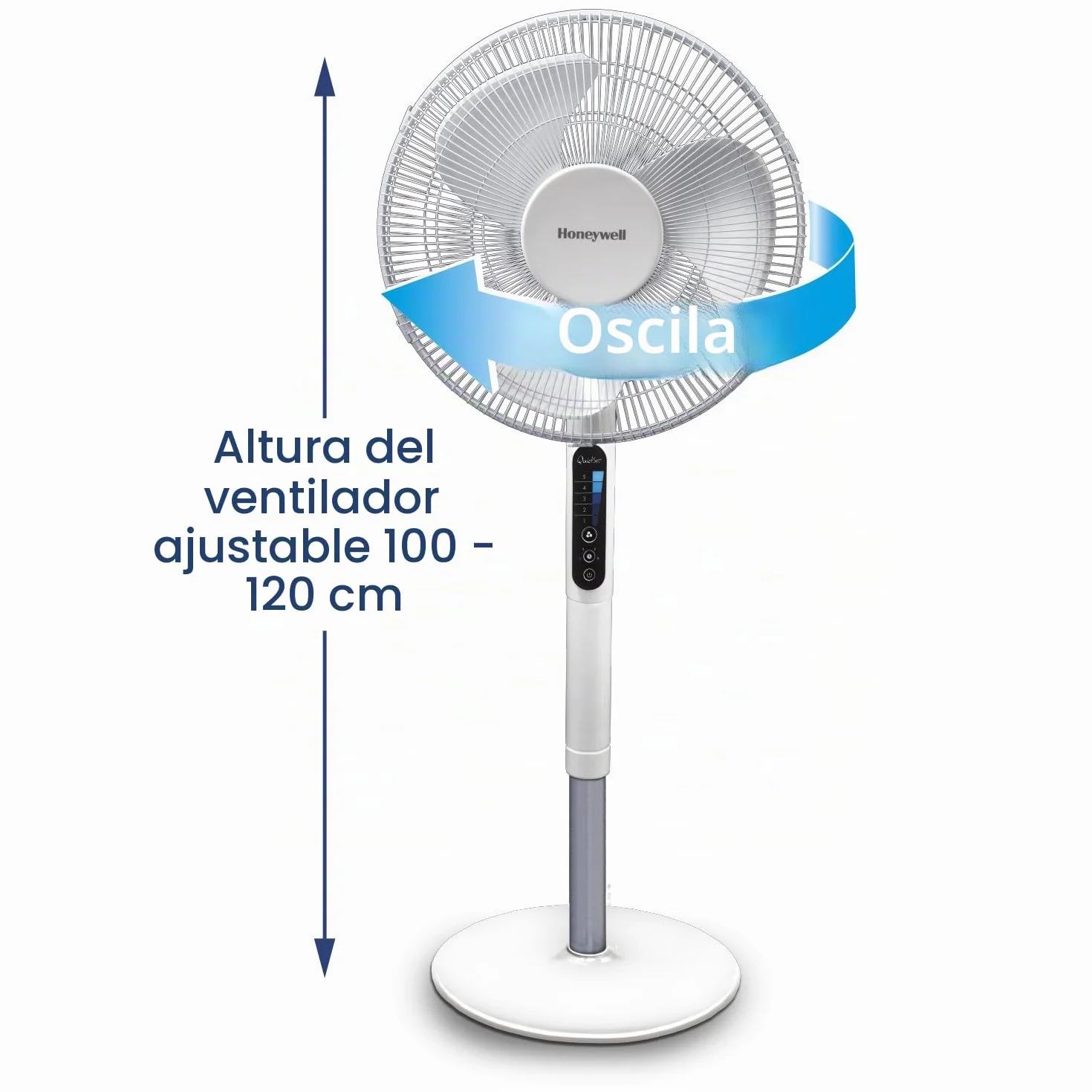 Honeywell Advanced QuietSet Ventilador de Pie Oscilante, 5 Ajustes de Velocidad, Función de Temporizador, Oscilación de 70°, Altura Regulable, Mando a Distancia, Fácil de Usar, HSF600W