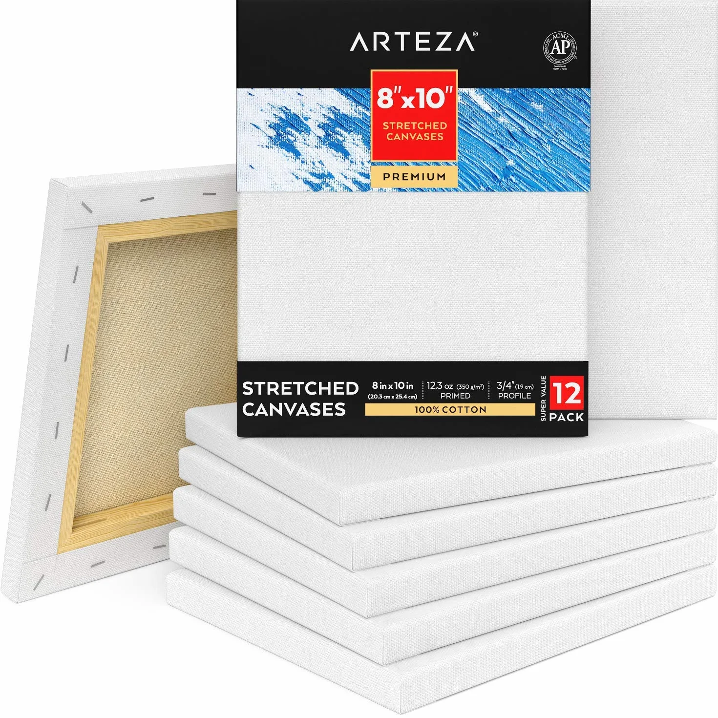 Arteza Lienzos estirados Premium, 8x10” (20,3x25,4 cm), pack 12 lienzos imprimados 100% algodón para pintura, pouring acrílico, óleo y medios húmedos, artista, pintor aficionado y principiante