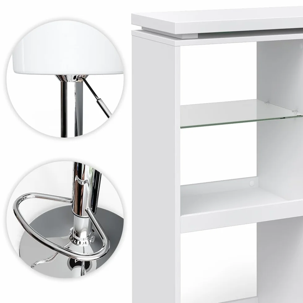 Vicco Set de Mesa de Bar Vega, Blanco, 138 x 39 cm con 2 taburetes de Bar, Plegable con estantes Abiertos para Almacenamiento