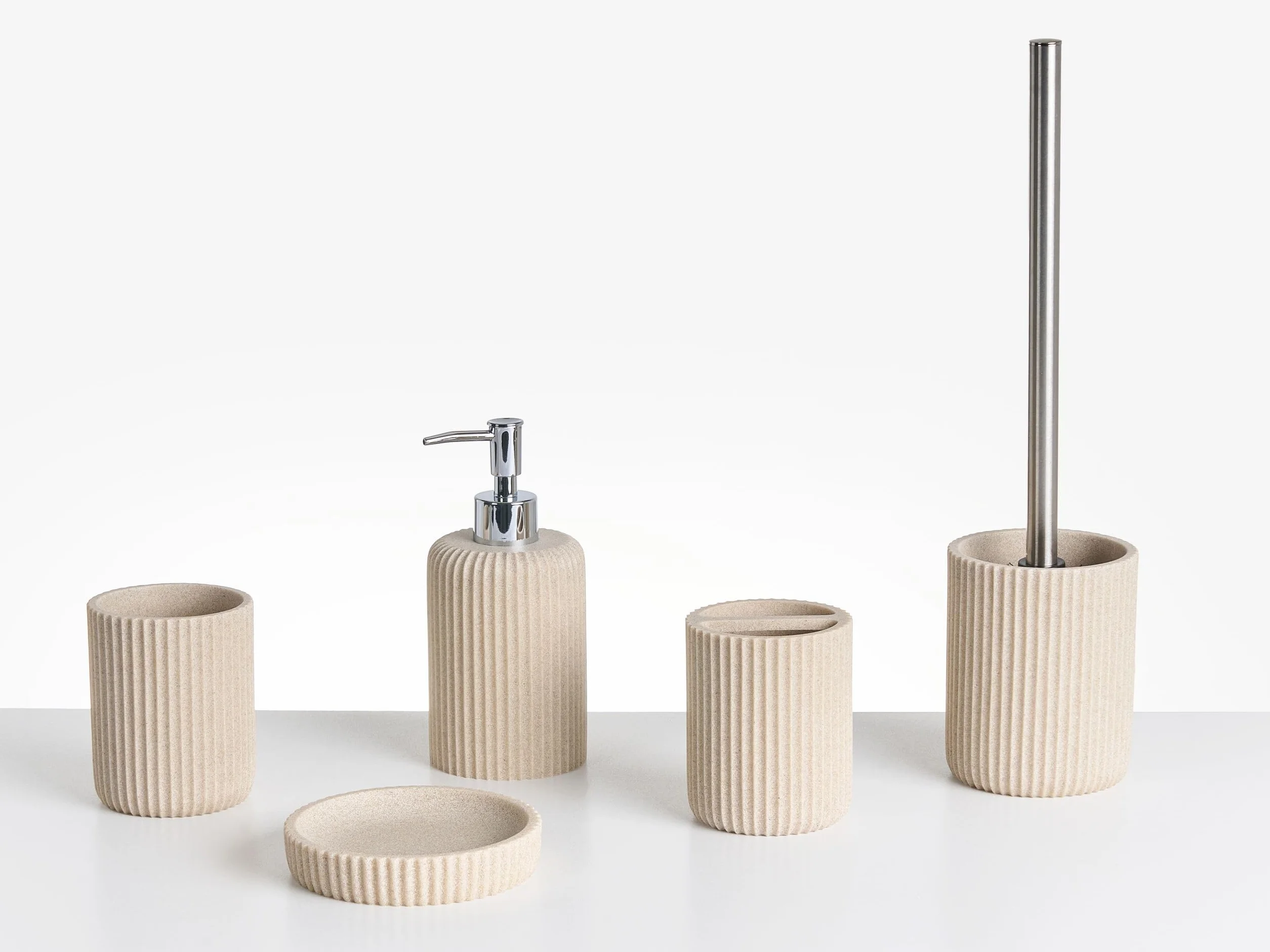Conjunto de 5 Accesorios de baño jabonera dispensador de jabón escobilla de Inodoro Vaso Soporte para cepillos de Dientes Beige Claro Camana