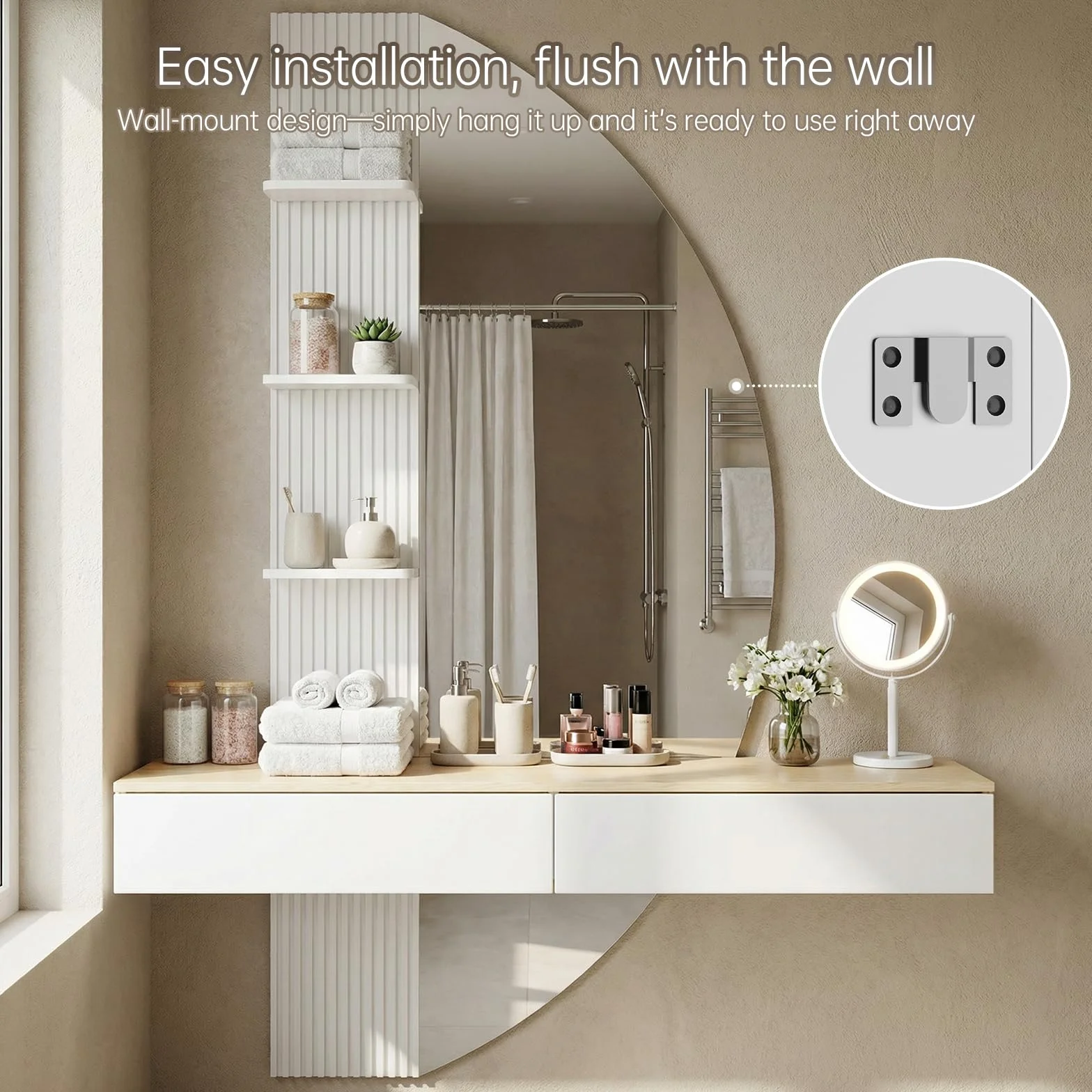 TRIUMPHKEY Tocador de Pared con Espejo en Forma de Media Luna, Mesa de Maquillaje Flotante con Luces LED Regulables, 2 Cajones y 3 Estantes, Ahorra Espacio para Dormitorio (Blanco)