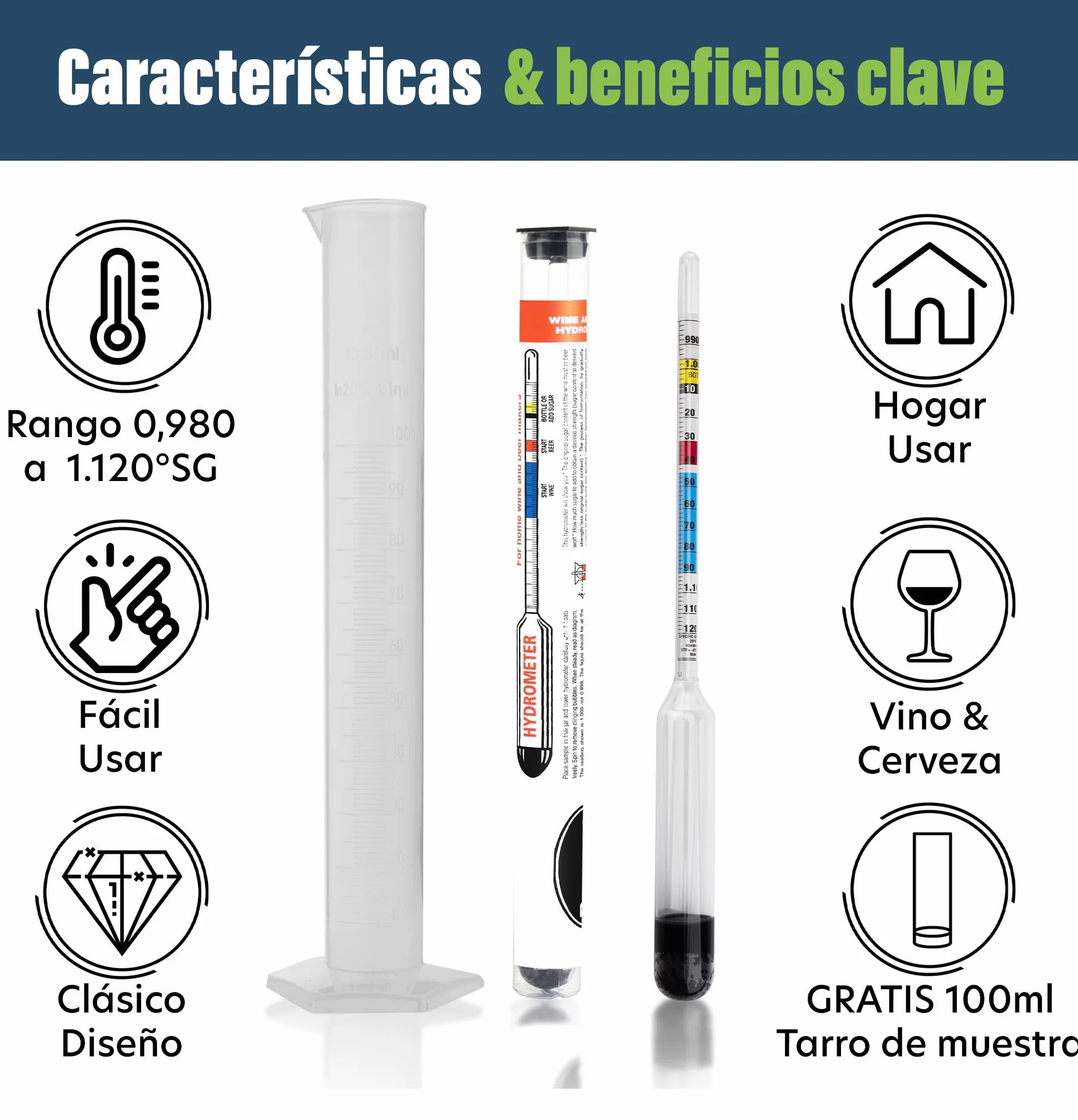 Hidrómetro para elaboración casera con frasco de muestra de 100 milímetros incluido - Equipo para elaboración casera de vino y cerveza y para elaborar su propia cerveza casera
