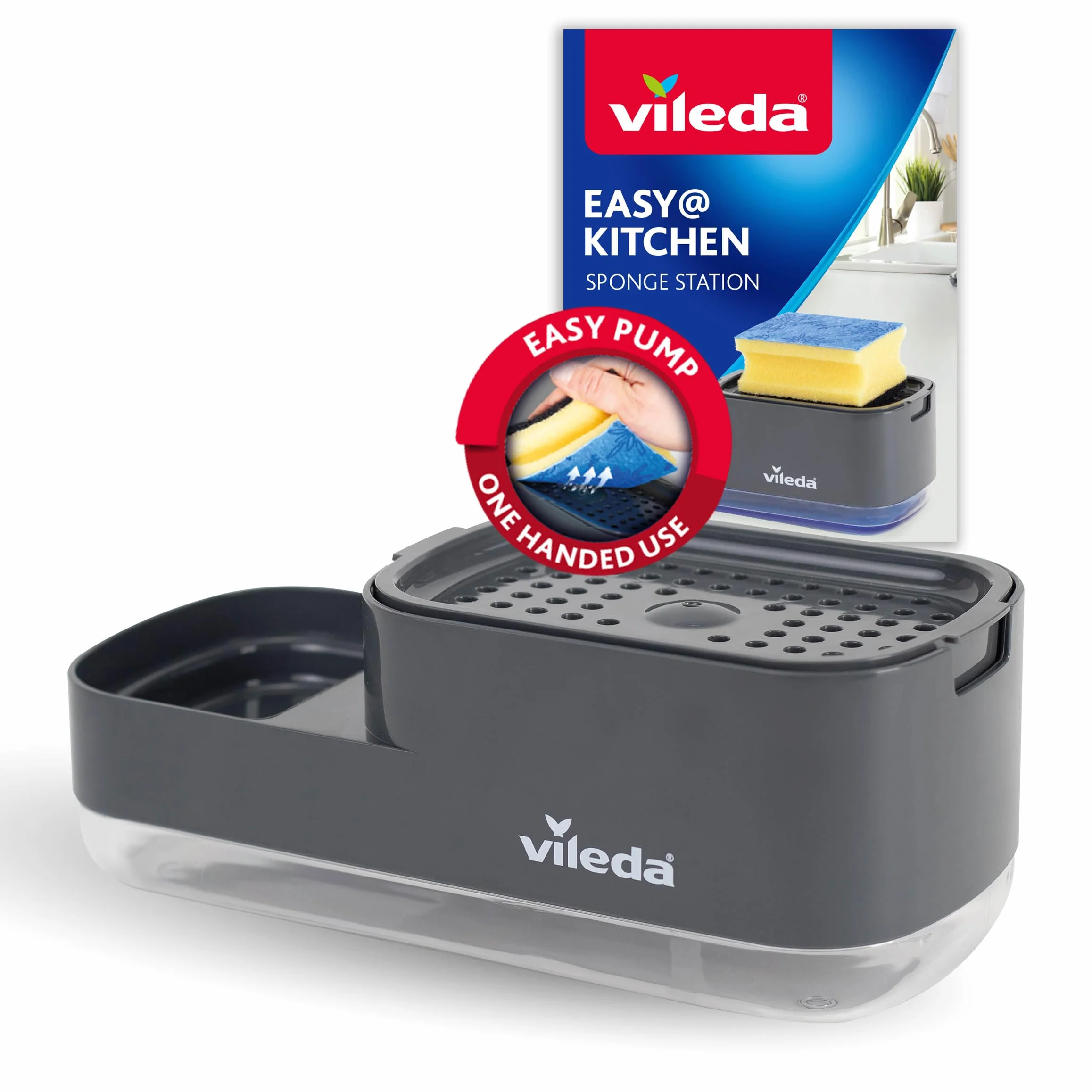 Vileda Dispensador de jabón para lavavajillas Pump con Soporte para Esponja. Práctica solución 2 en 1 para la Cocina. Dispensador de jabón Integrado para una fácil dosificación con una Sola Mano