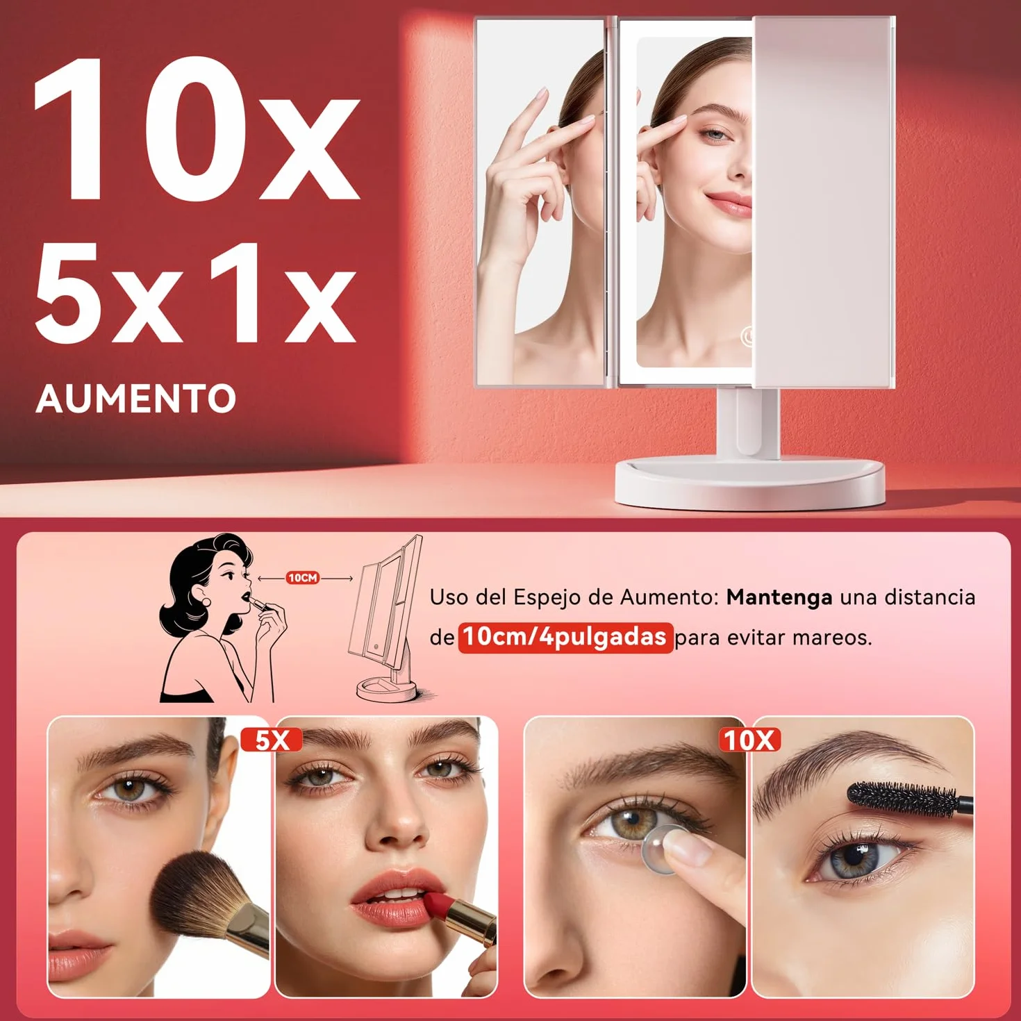 Auxmir Espejo Maquillaje con Luz 2000mAh Recargable 10X Aumento Tríptico 68 Leds Brillo Regulable 180° Giratorio 3 Colores Luz USB