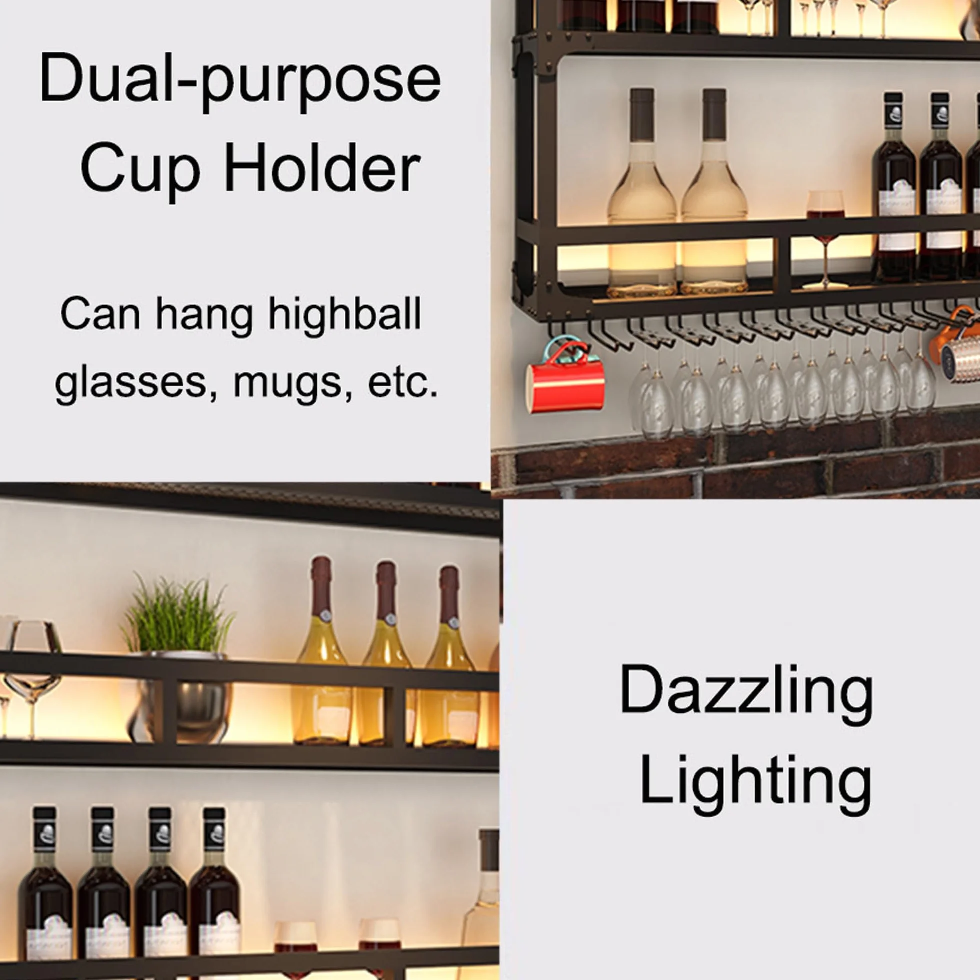 Botellero Vino Pared con Luz Mueble Bar Garrafeira Mini Bar Wine Rack Mueble Comedor Cocina con Soporte Copas Colgante Estantes de Almacenamiento para Bar Sala de Estar y Cocina(Black,2 LAYERS_150CM(5
