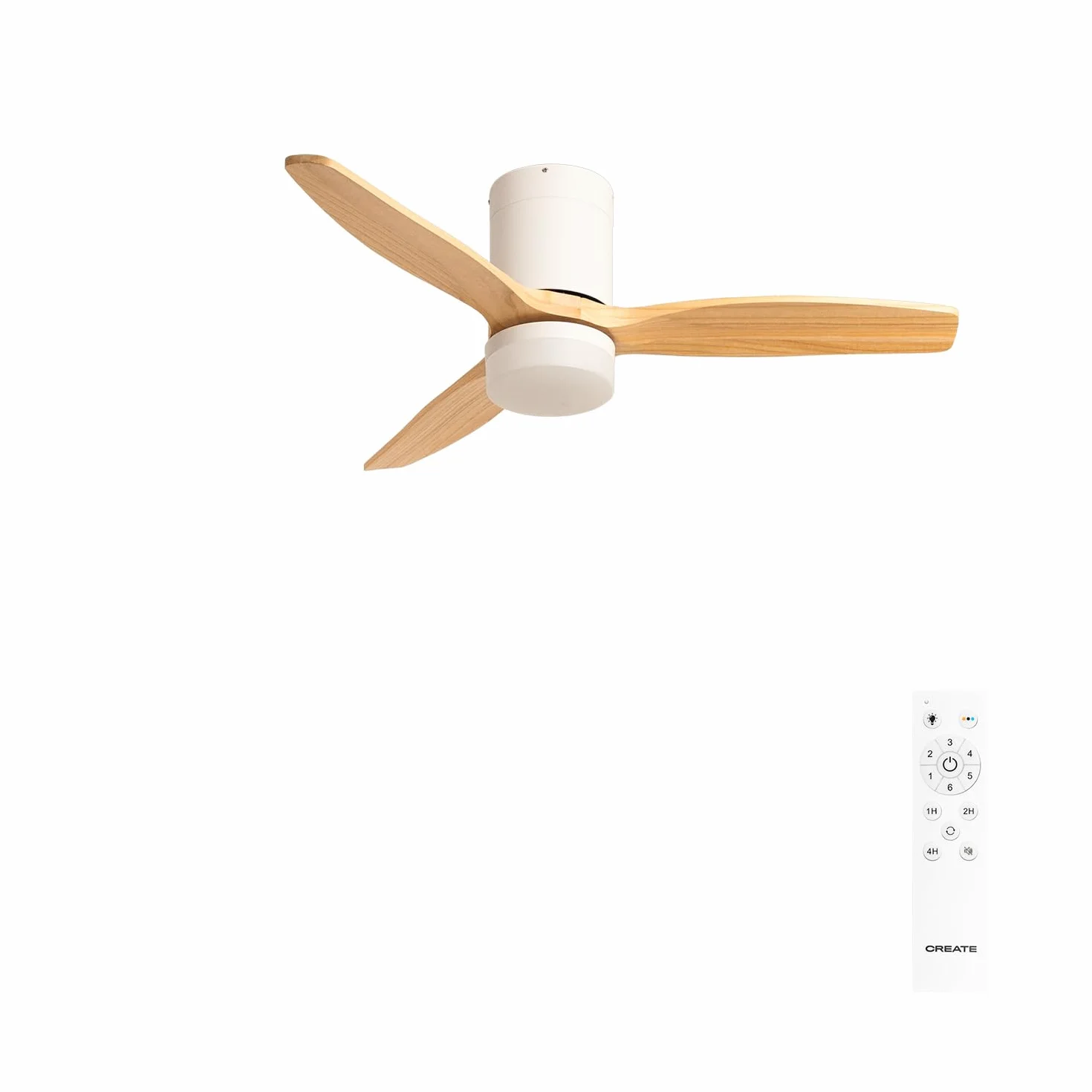 Ventilador de techo CREATE/WINDCALM S con luz blanco aspas efecto madera clara 40W Ø112 cm 6 velocidades 3 temperaturas luz temporizador verano-invierno