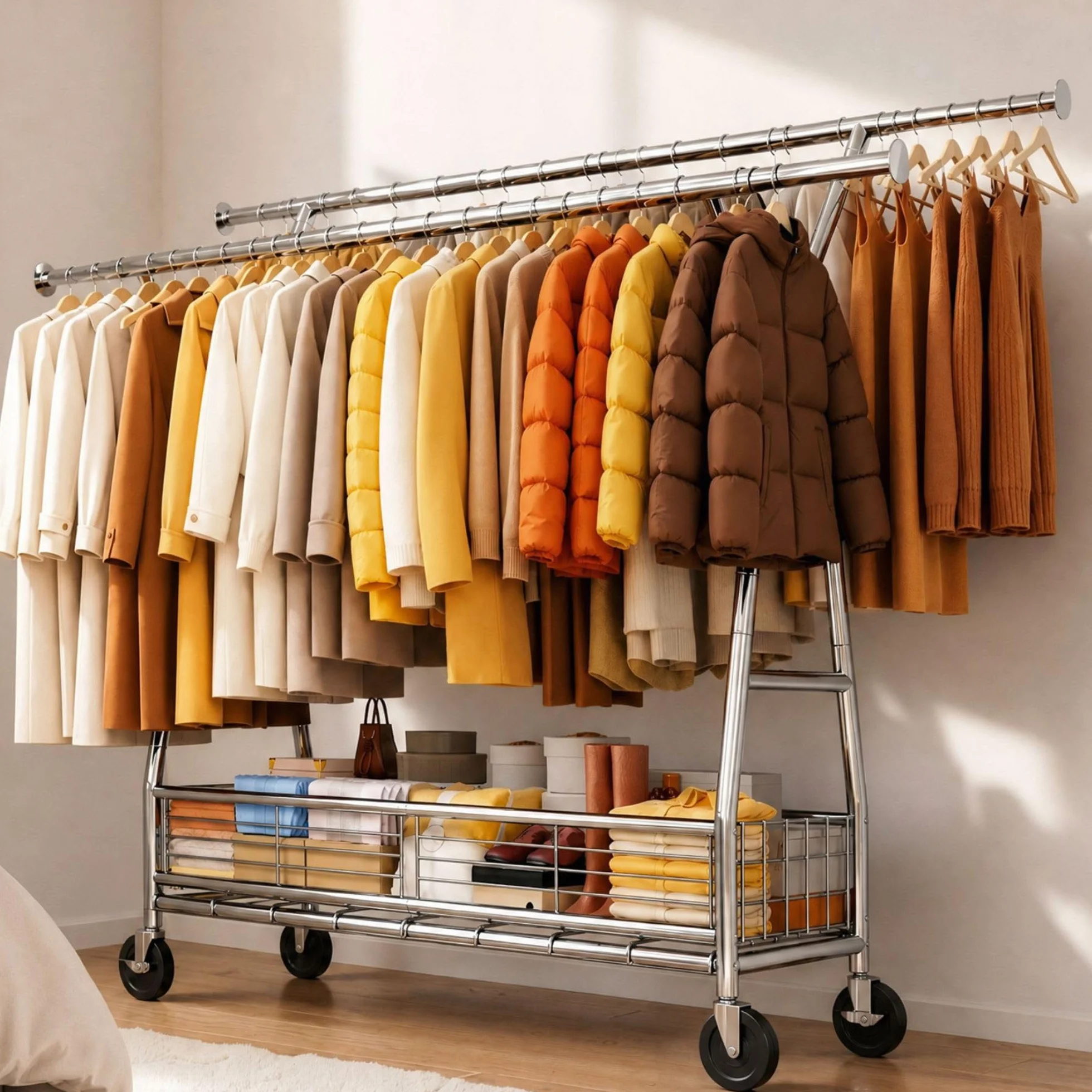 Burro Ropa resistente con Ruedas y Cesta para Ropa Sucia, Perchero Burro Ropa Extensible para Carga Pesada 200 kg, Burro para ropa para Almacenamiento en Entrada, Dormitorio o Vestidor