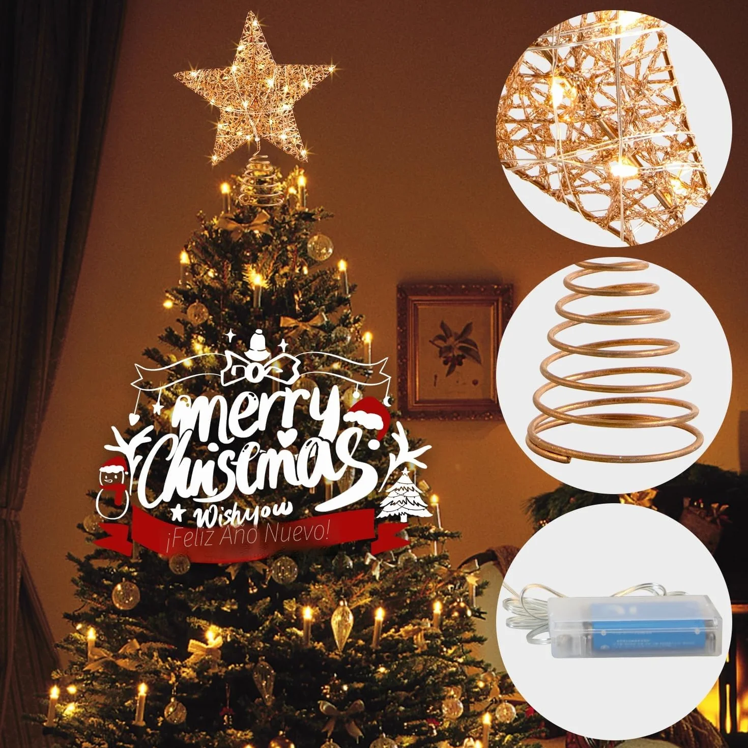 Estrella de Árbol de Navidad Oro Rosa 25CM 20 Luces LED Decorativa Luminosa