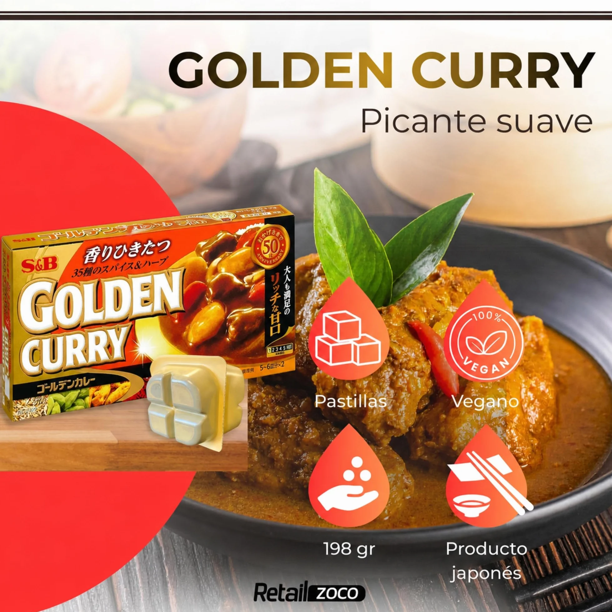 Curry Japonés en Pastilla, Golden Curry, Pasta Curry Suave, 35 Especias, 12 Raciones, Poco Picante, 198g