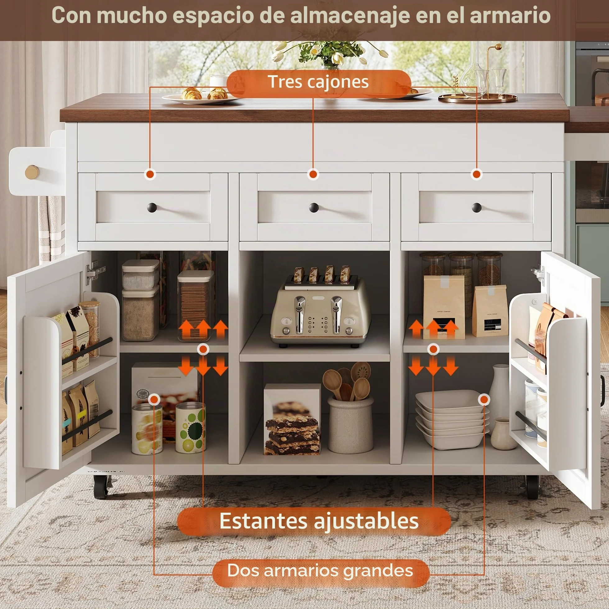 Isla de cocina independiente con encimera, mesa de comedor extensible a 360°, 2 puertas y 3 cajones, carro de cocina móvil, para cocina, comedor, 131,5-210 x 40 x 90 cm