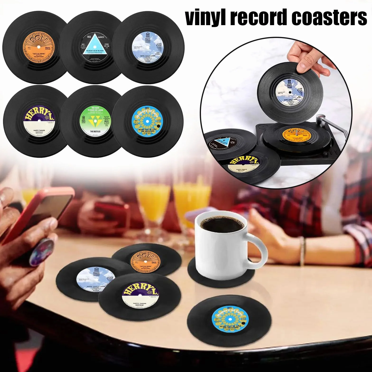 6 posavasos de silicona, posavasos retro de vinilo con soporte, en forma de discos de vinilo, para café, té, jarra de cerveza, vino, de cristal, casa y bar