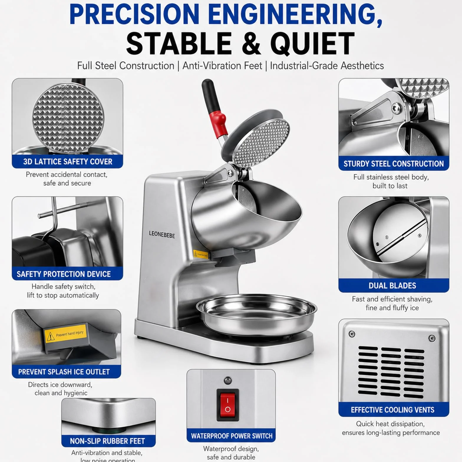 Picadores de hielo eléctricos, máquina para hacer conos de nieve para uso doméstico y comercial, mejora la salida de hielo de 16cm pulgadas de altura, cuchillas dobles, 65kg/h, 300 W/2000 RPM, plata