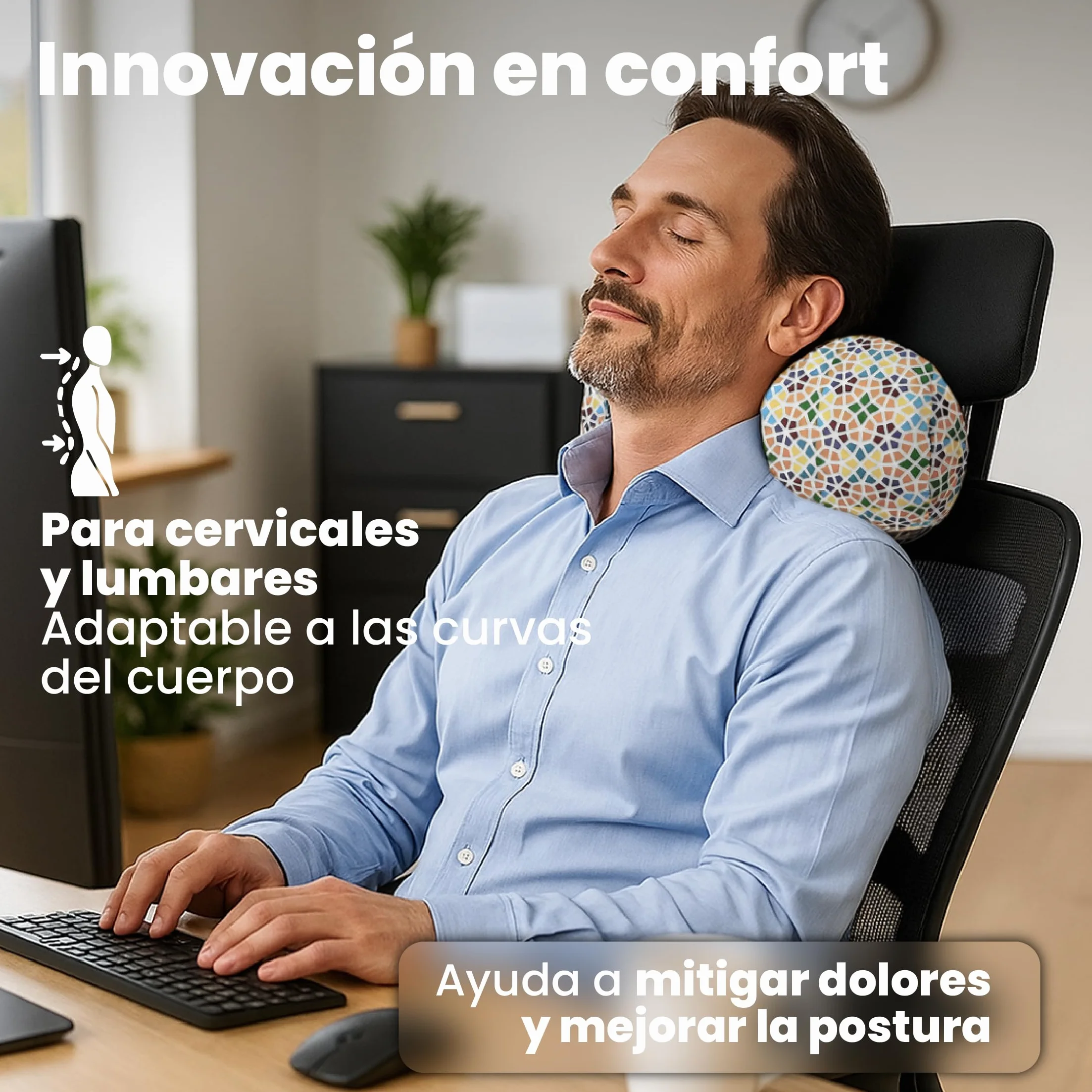 Cojín Redondo Anti-Estrés Relax 35x15 cm Alivio Cervicales Lumbares Relleno Bolitas Lycra Lavable