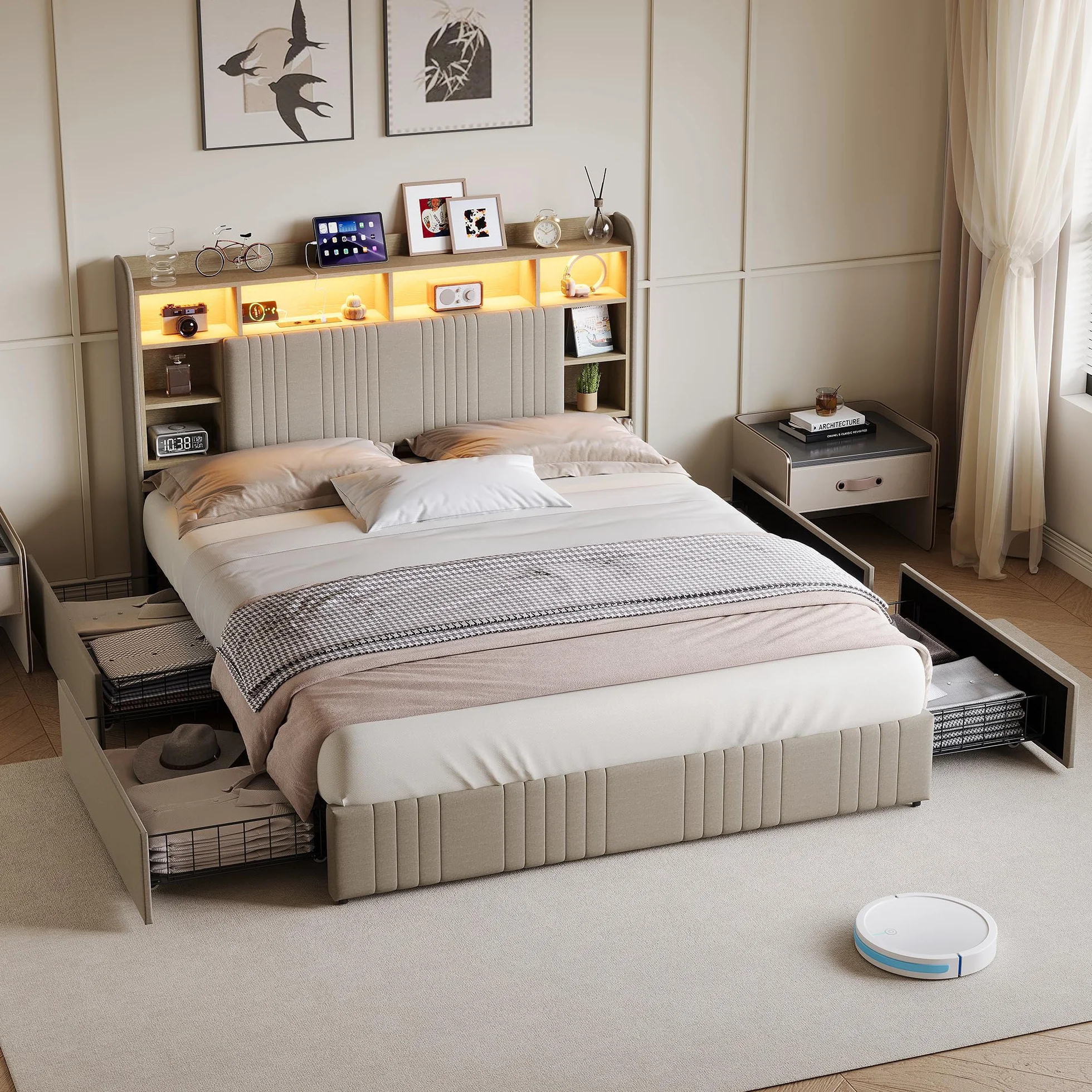 Cama Tapizada 140x200 cm con Luces LED y Estación de Carga USB/Tipo C, Estructura de Cama con Cajón y Cabecero con Almacenaje, Cama de Matrimonio de Lino con Somier de Láminas, Beige, Sin colchón