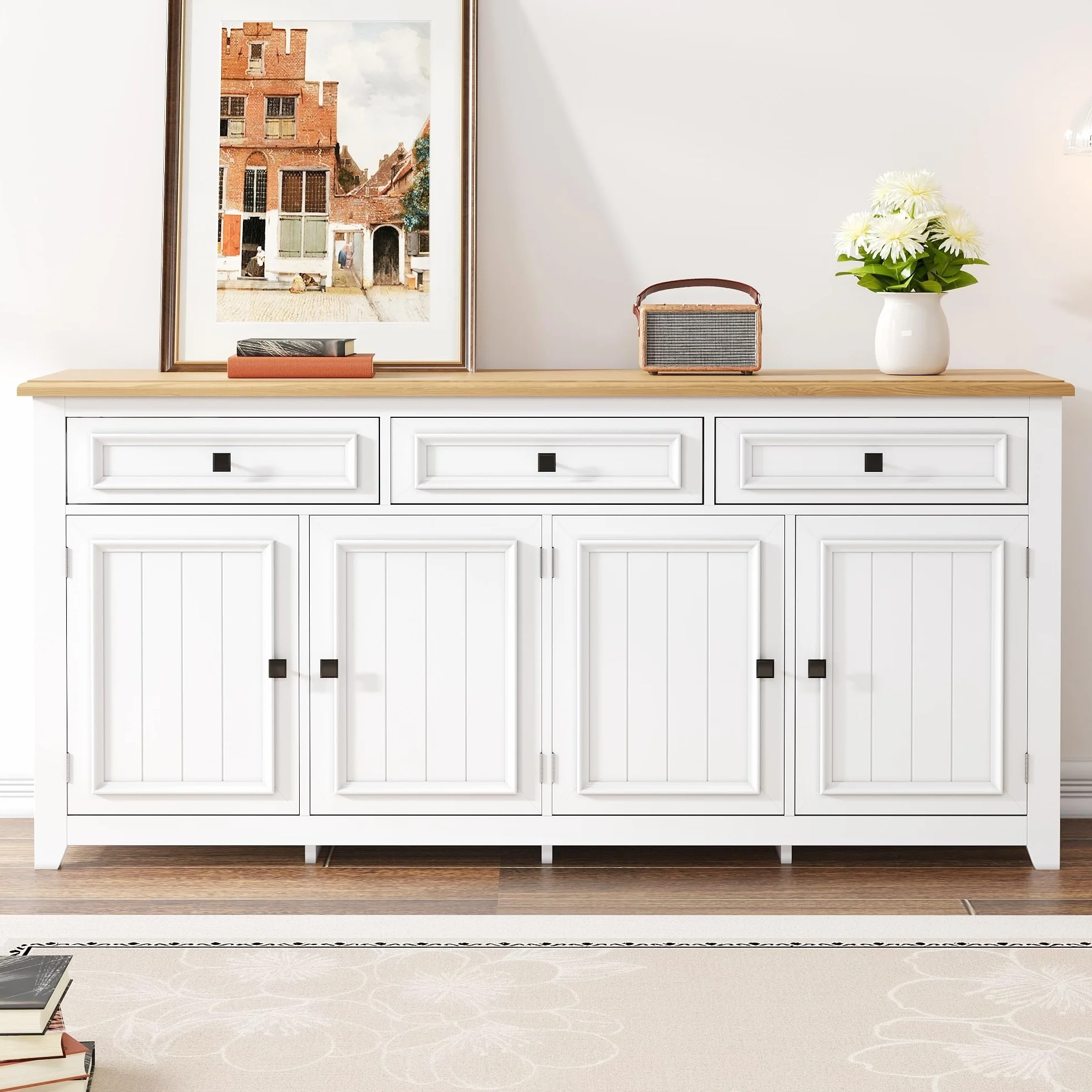 Aparador Cocina, Aparador para Salon con Separadores Ajustables, Buffet Comedor con 3 Cajones y 4 Puertas, Modern Mueble Auxiliar Cocina de Entrada para Dormitorio y Salón, 160x35x76cm (Blanco)