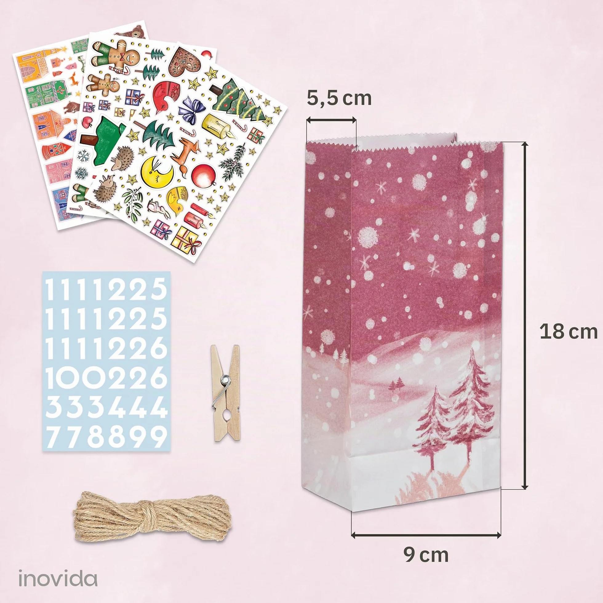 Calendario de Adviento 2025 para Rellenar DIY - Bolsas de Papel con Números Adhesivos Colgables - Inovida