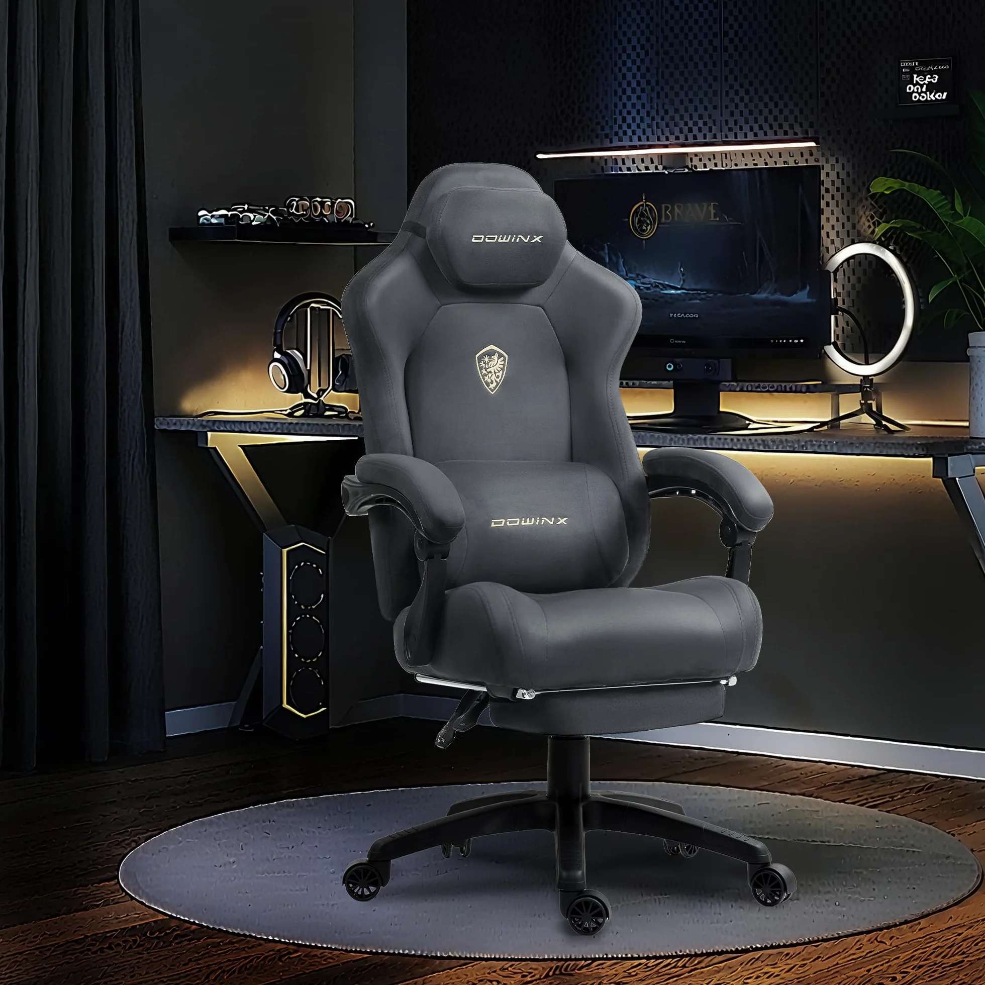 Dowinx Silla de gaming ergonómica con cojín lumbar de masaje, reposacabezas regulable en altura, acolchado de asiento grueso, reposapiés extensible, reposabrazos ajustables, terciopelo de microfibra