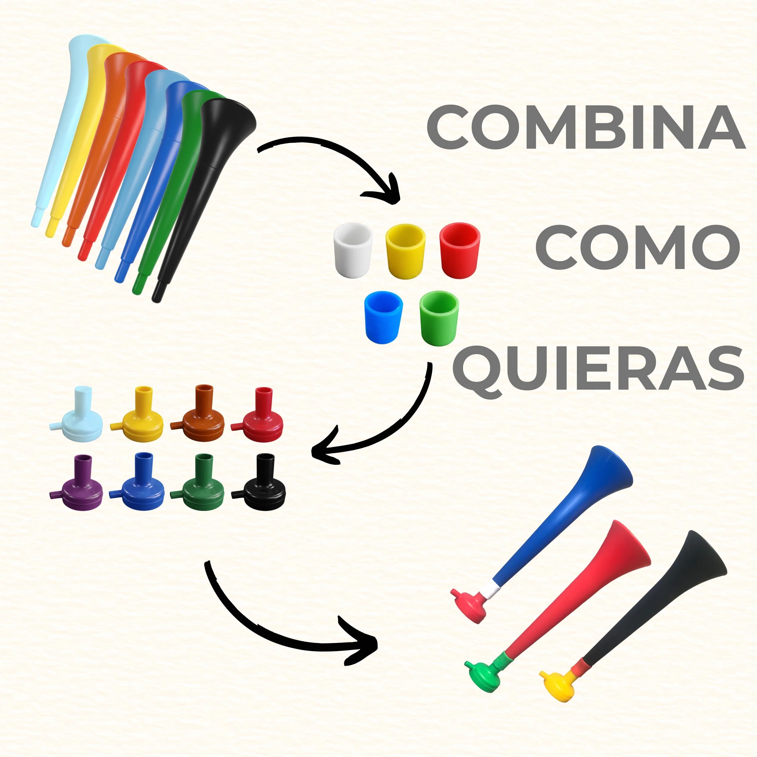 Pack Vuvuzelas Personalizables 120 DB | Combina 3 Colores (Trompeta, Soplador, Anillo) para tu Equipo o Fiesta | Bocina de Animación Fuerte