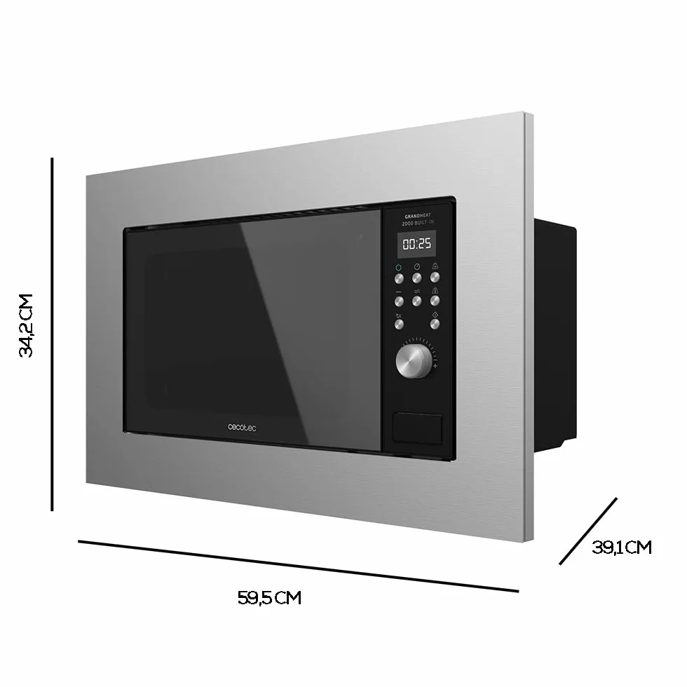 Cecotec Microondas encastrable Digital GrandHeat 2000 Built-In Steel Black. 700W, Integrable, 20l, Grill, 9 funciones preconfiguradas, Quick Start, Diseño en acero y negro