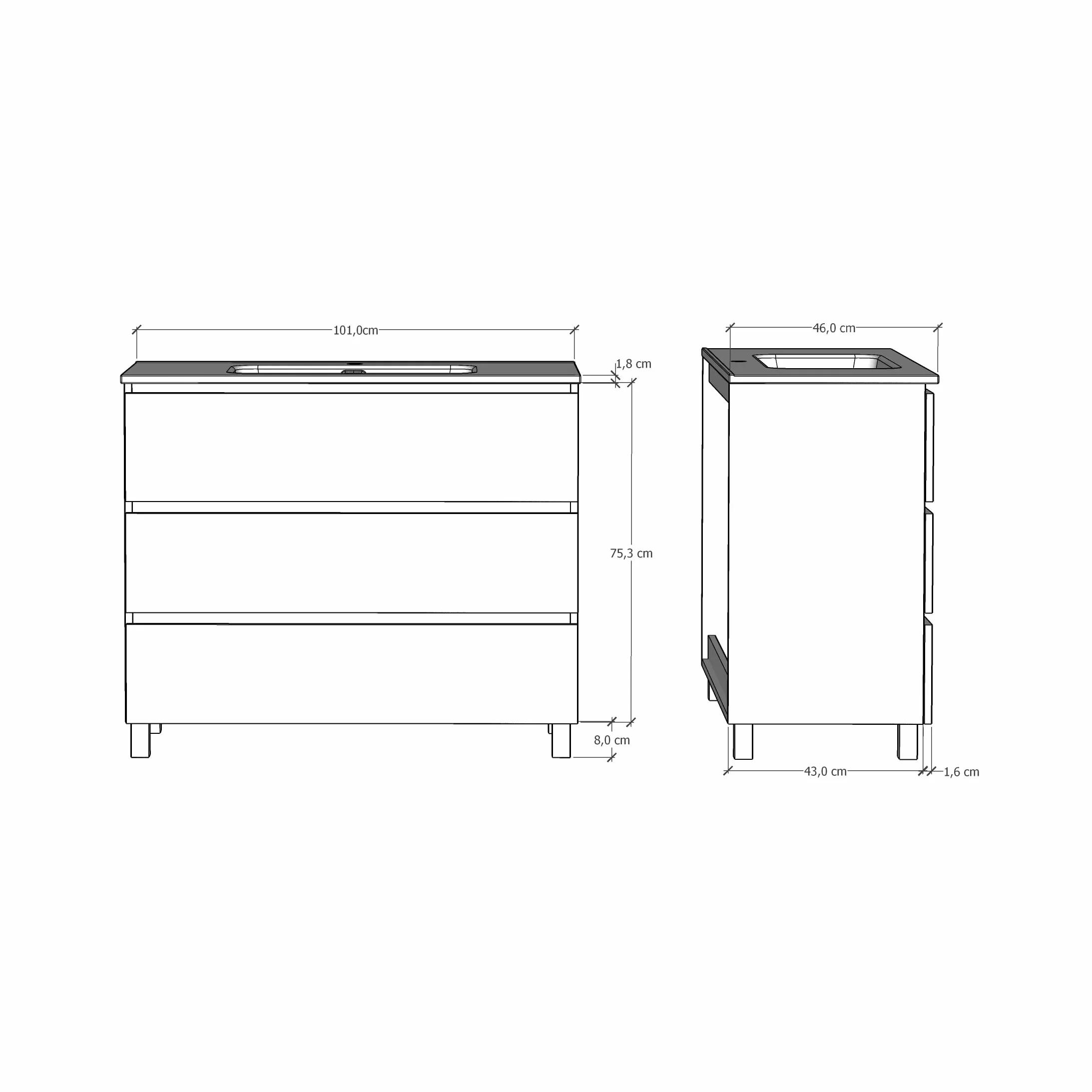 Baikal Mueble de Baño TRIX, Distribución de 3 cajones, con Patas y con Lavabo cerámico. Melamina 16mm. Distintas Medidas y Acabados Disponibles. Mueble MONTADO