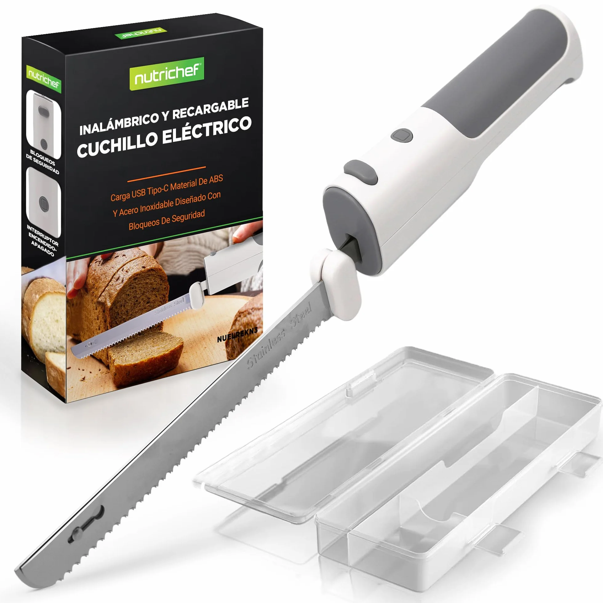 Nutrichef Cuchillo Jamonero Electrico, Inalambrico, Funcion de Encendido y Apagado, Ligero, Seguro, para Jamon, Carnes, Aves, Pan y Queso, Cuchillas de Acero Inoxidable