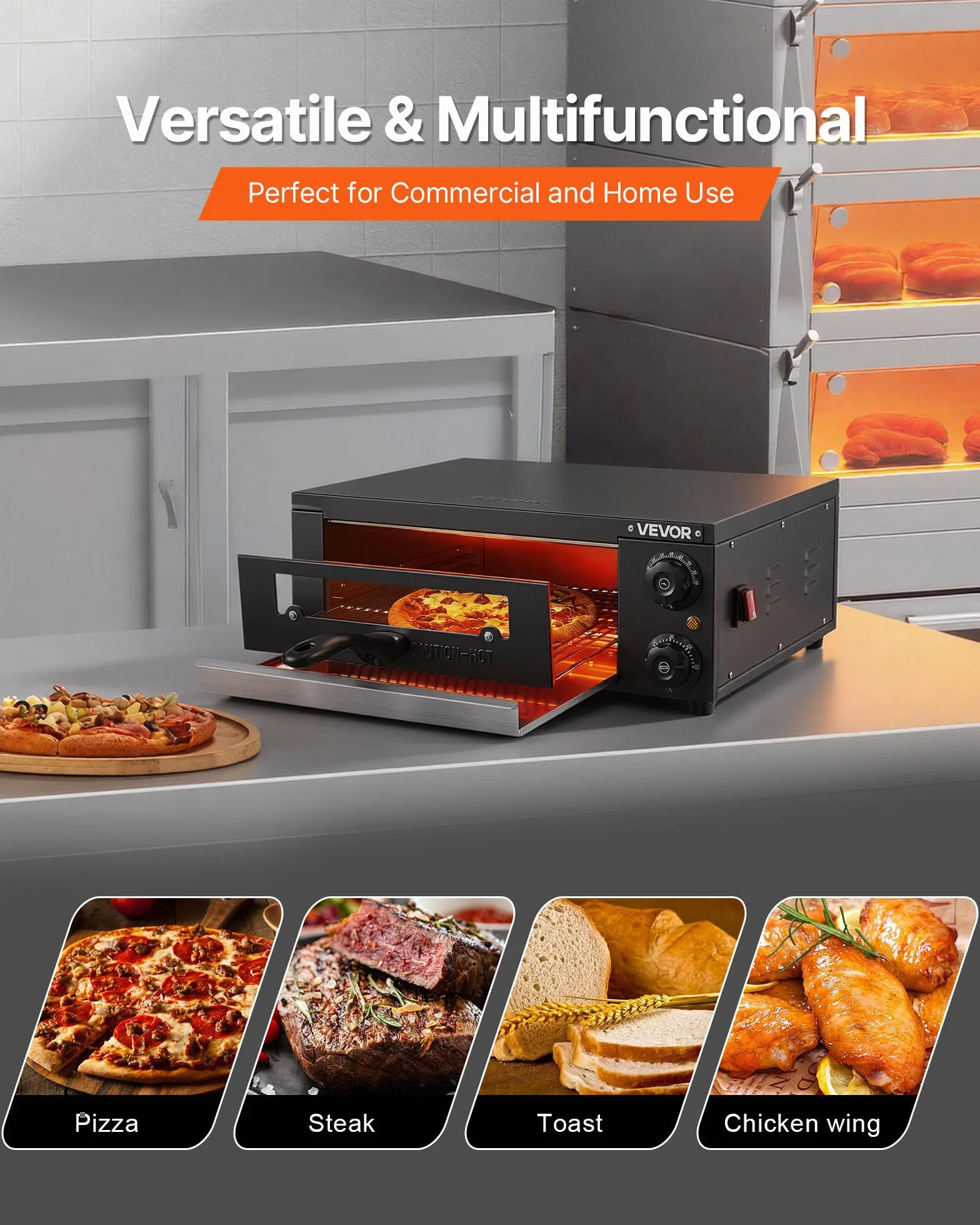 VEVOR Horno Eléctrico para Pizza, 1450W, 25-300°C, 475x536x187mm, Control de Tiempo y Temperatura