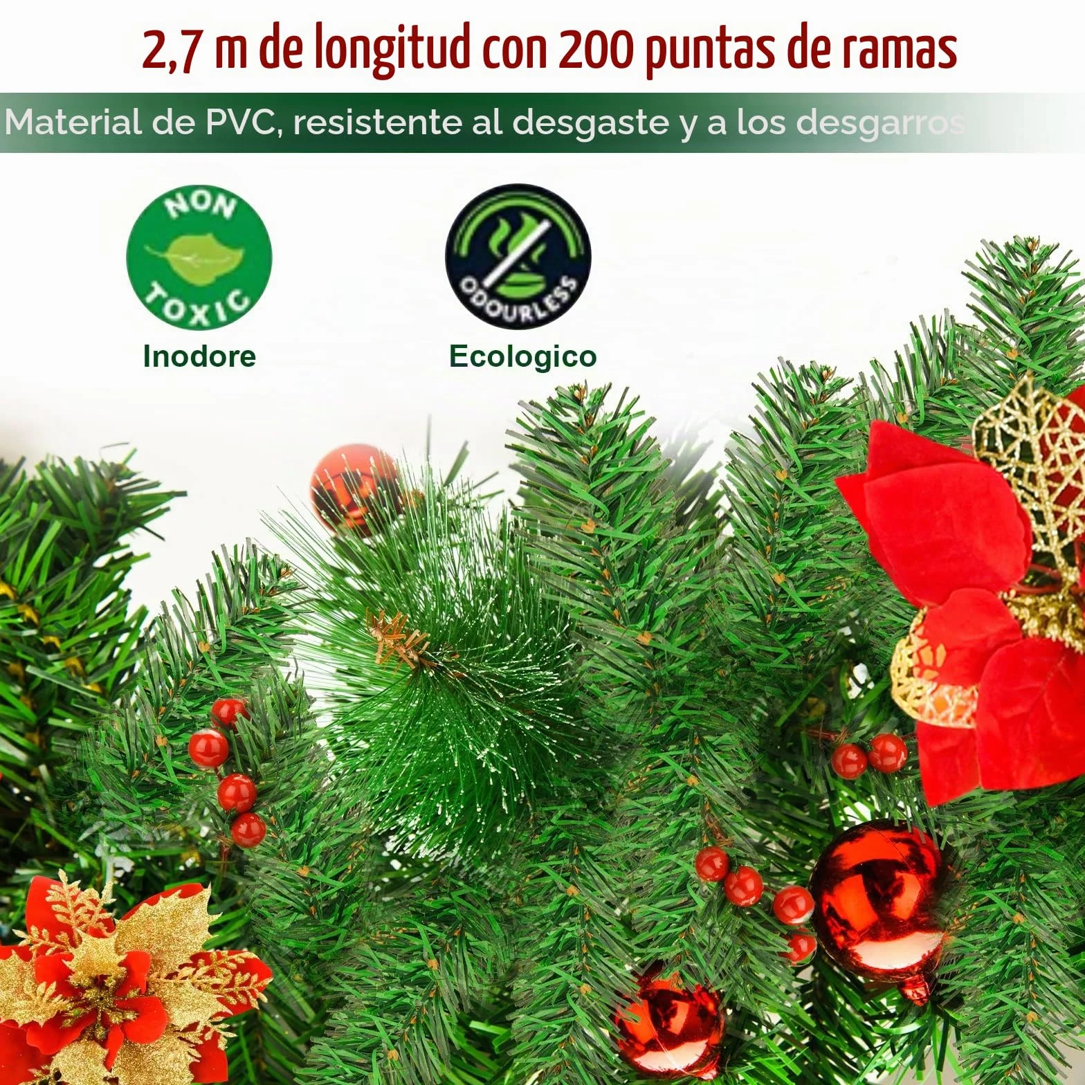 Guirnalda Navidad, Corona navideña de 2,7 m, 200 Ramas, con Bayas Rojas y Agujas de Pino Blanco,Decoracion Navidad para Chimenea con escalones de jardín (Rojo)