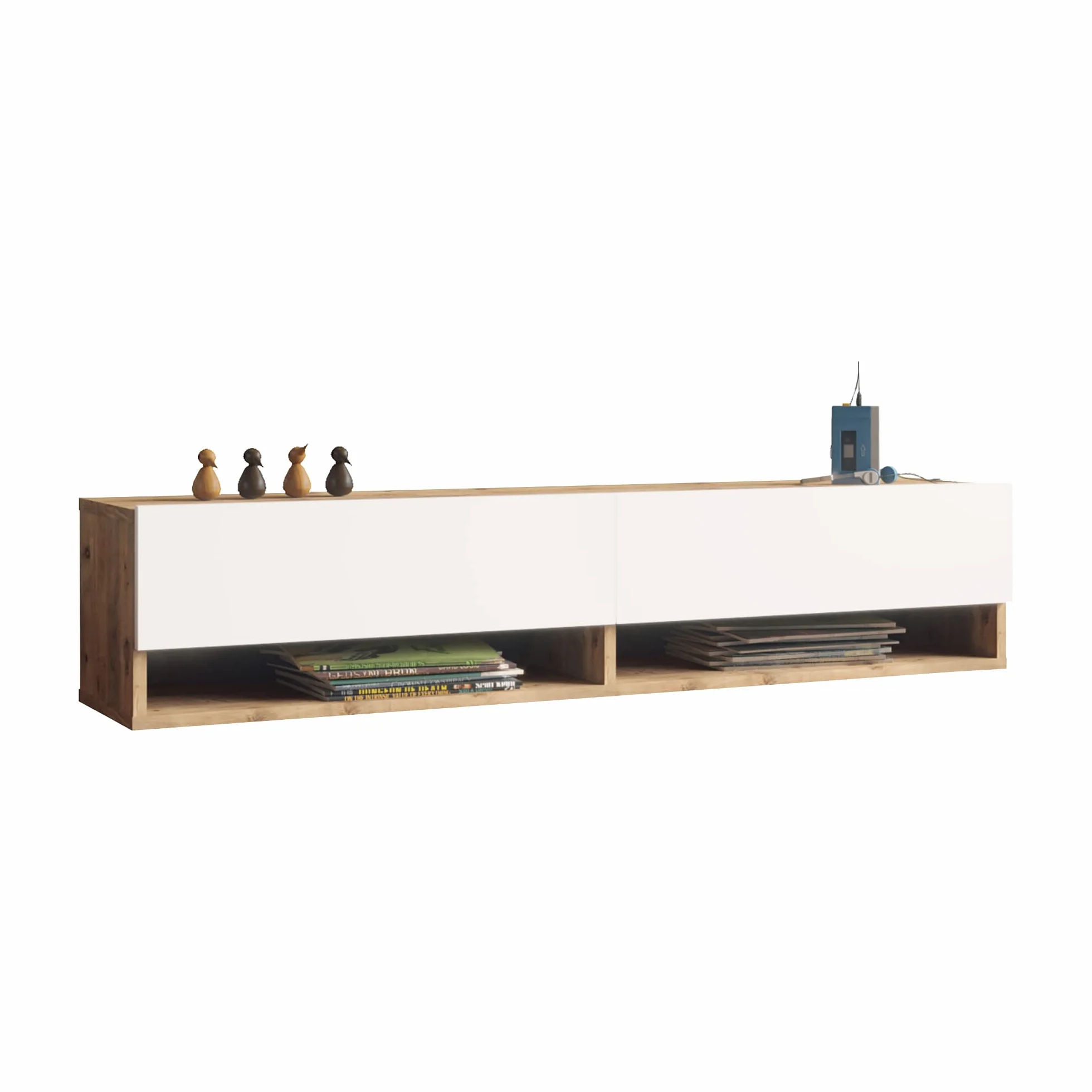 [en.casa] Mueble TV Suspendido con Espacio de Almacenaje Mesa Tele de Pared con 2 Puertas y 2 Estantes Aglomerado 140 x 32 x 30 cm Roble Rústico/Blanco