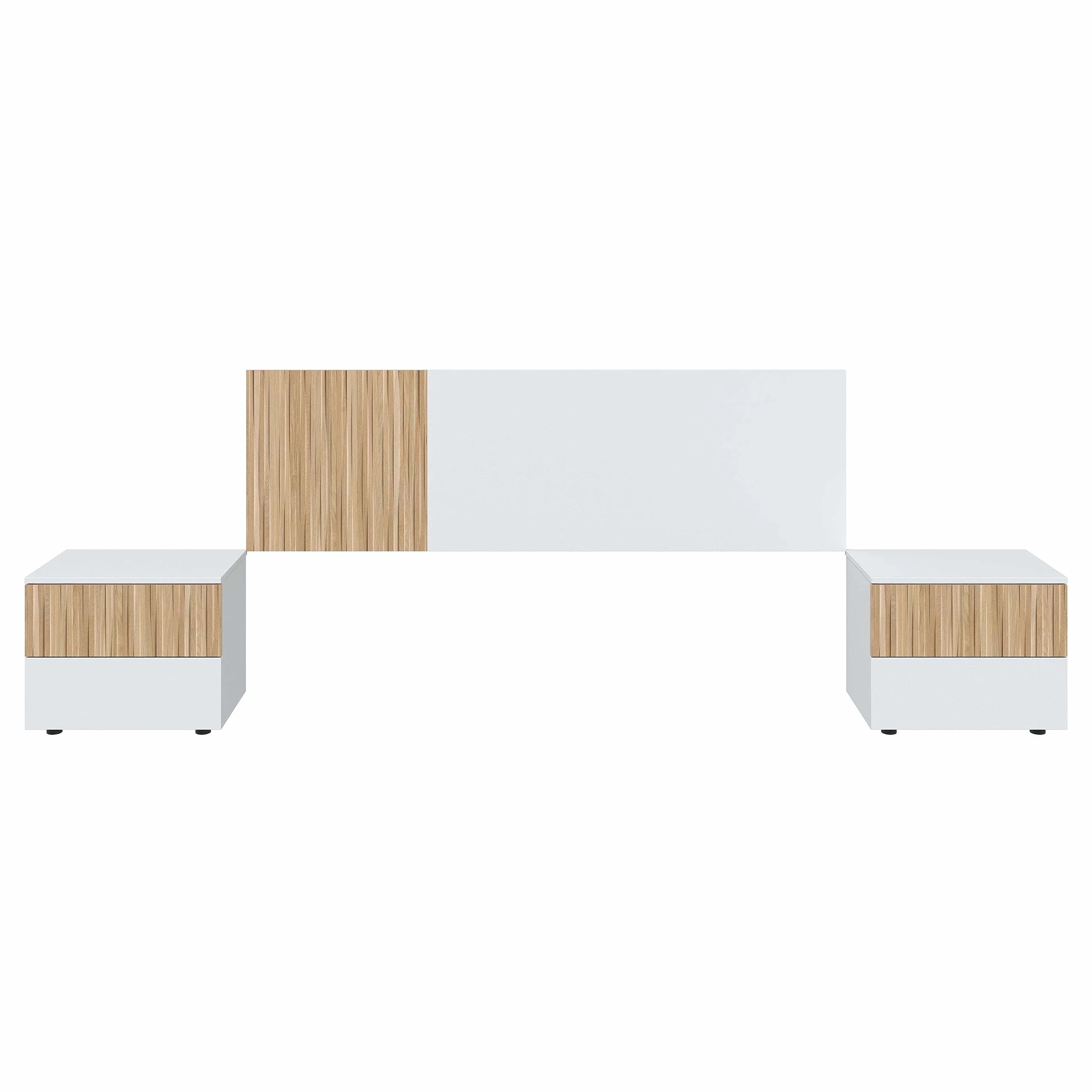 Habitdesign Cabezal + 2 Mesitas, 266x91x34 (AnchoxAltoxFondo-en cm), Color Blanco Artik y Natur, Cabezal Reversible y 2 Mesitas, Modelo Ethna