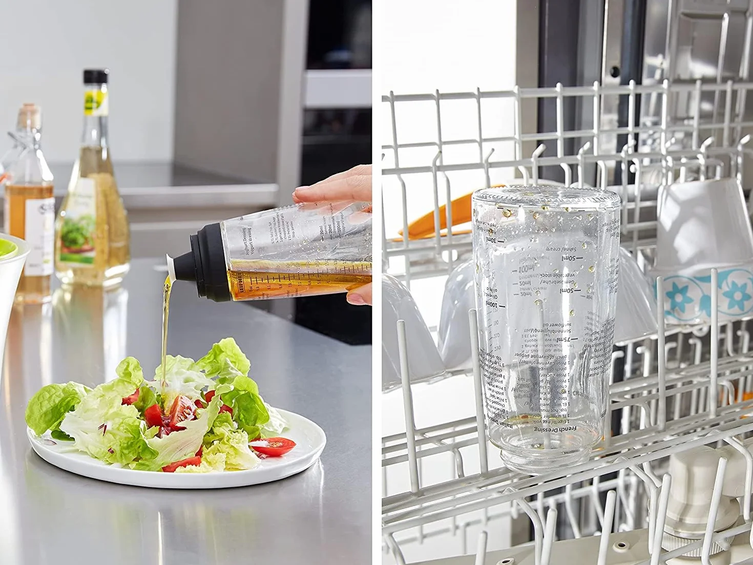 Leifheit Mezclador de aliños de vidrio 300 ml, vaso con salida antigoteo