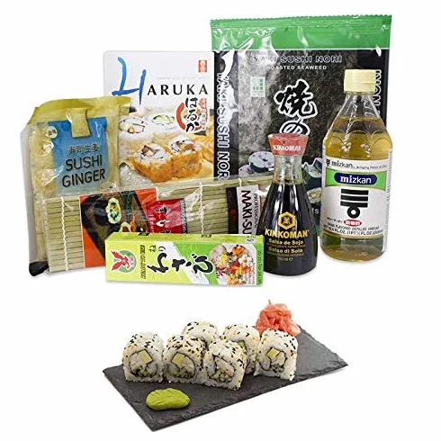 Cocinista Kit para Hacer Sushi en Casa con Arroz 1 kg, Nori, Vinagre, Soja, Jengibre, Wasabi y Esterilla de Bambú Makisu