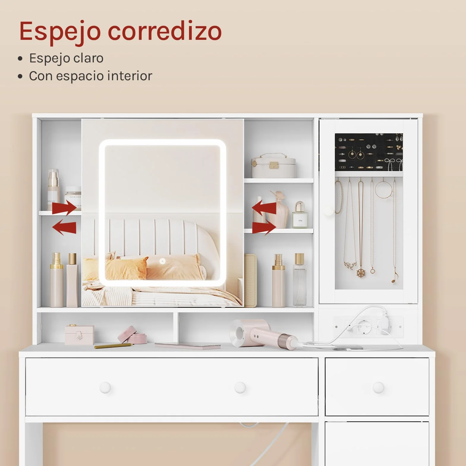 WOLTU Tocador Maquillaje con Joyero, Espejo Luz LED Ajustable, Mesa Tocador Maquillaje con Enchufes, Cajones y Estantes, Blanca, MB6125ws