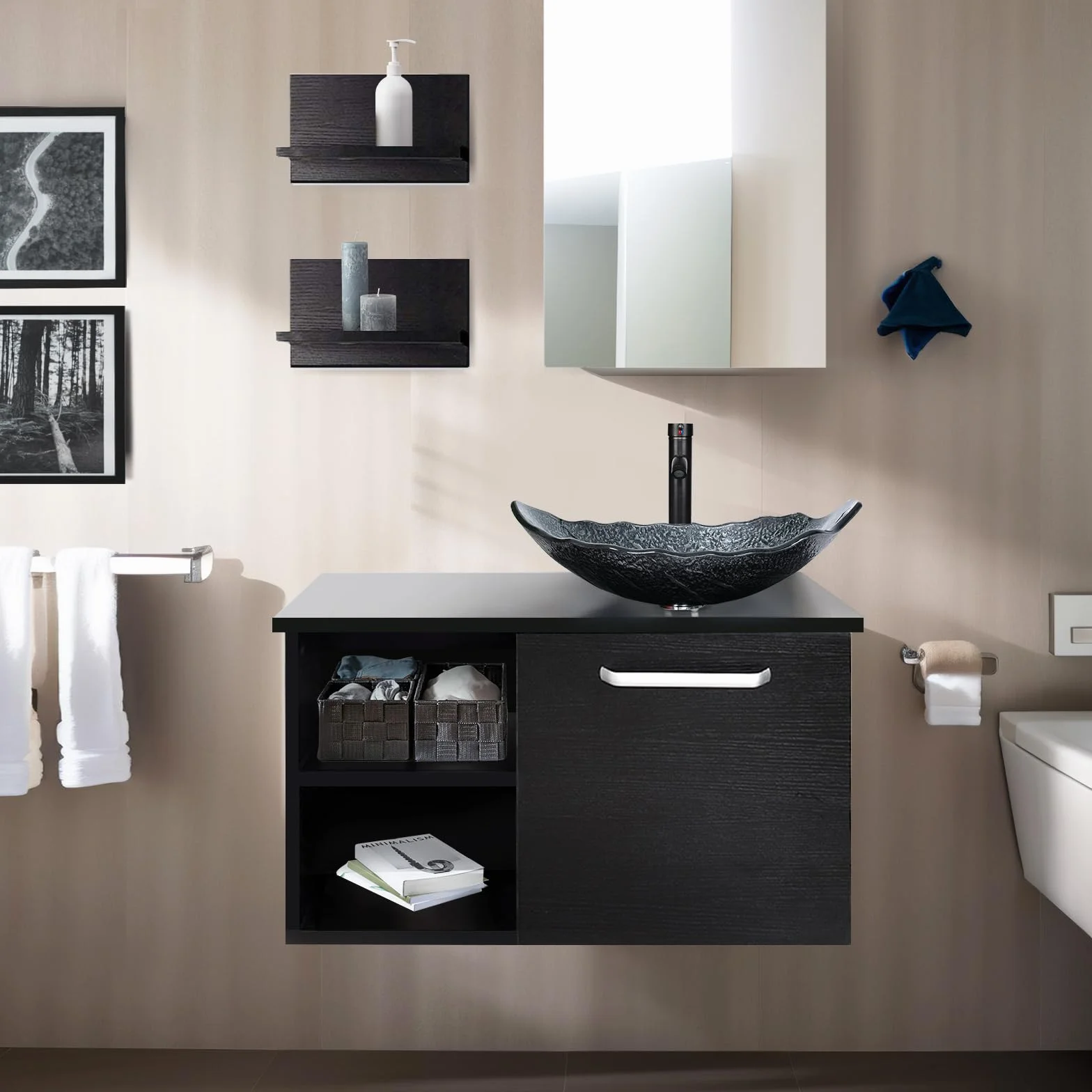 YU YUSING Juego de Muebles de baño, Armario para Debajo del Lavabo, Armario baño con Espejo, 2 estantes Pared, Juego Grifo (Plata)