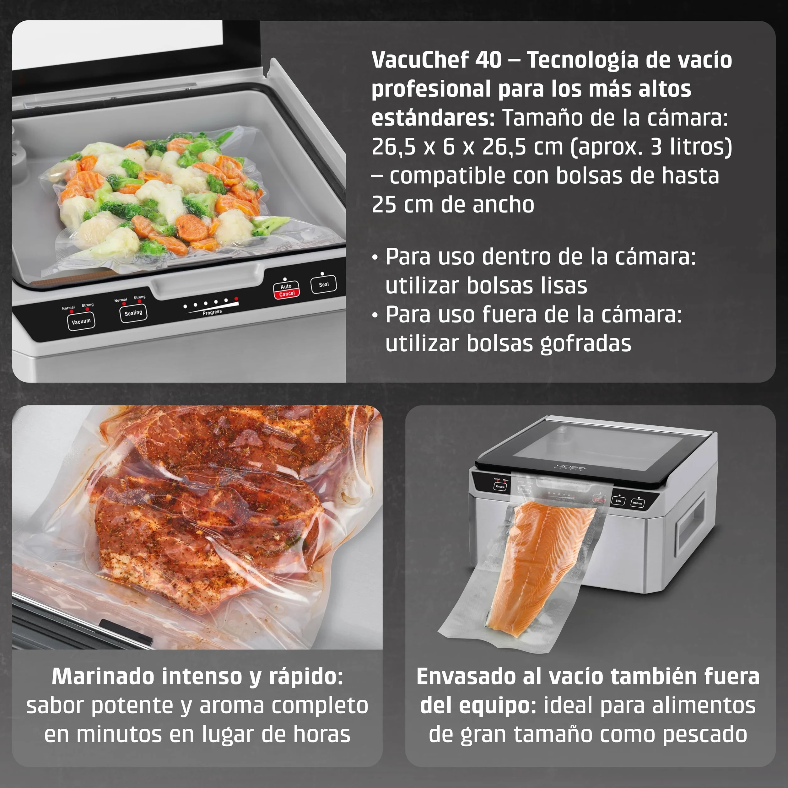 CASO VacuChef 40 - Envasadora al vacío profesional de cámara compacta - Potente capacidad de vacío de 70 L/min - Cámara con capacidad de 3 litros - acero inoxidable