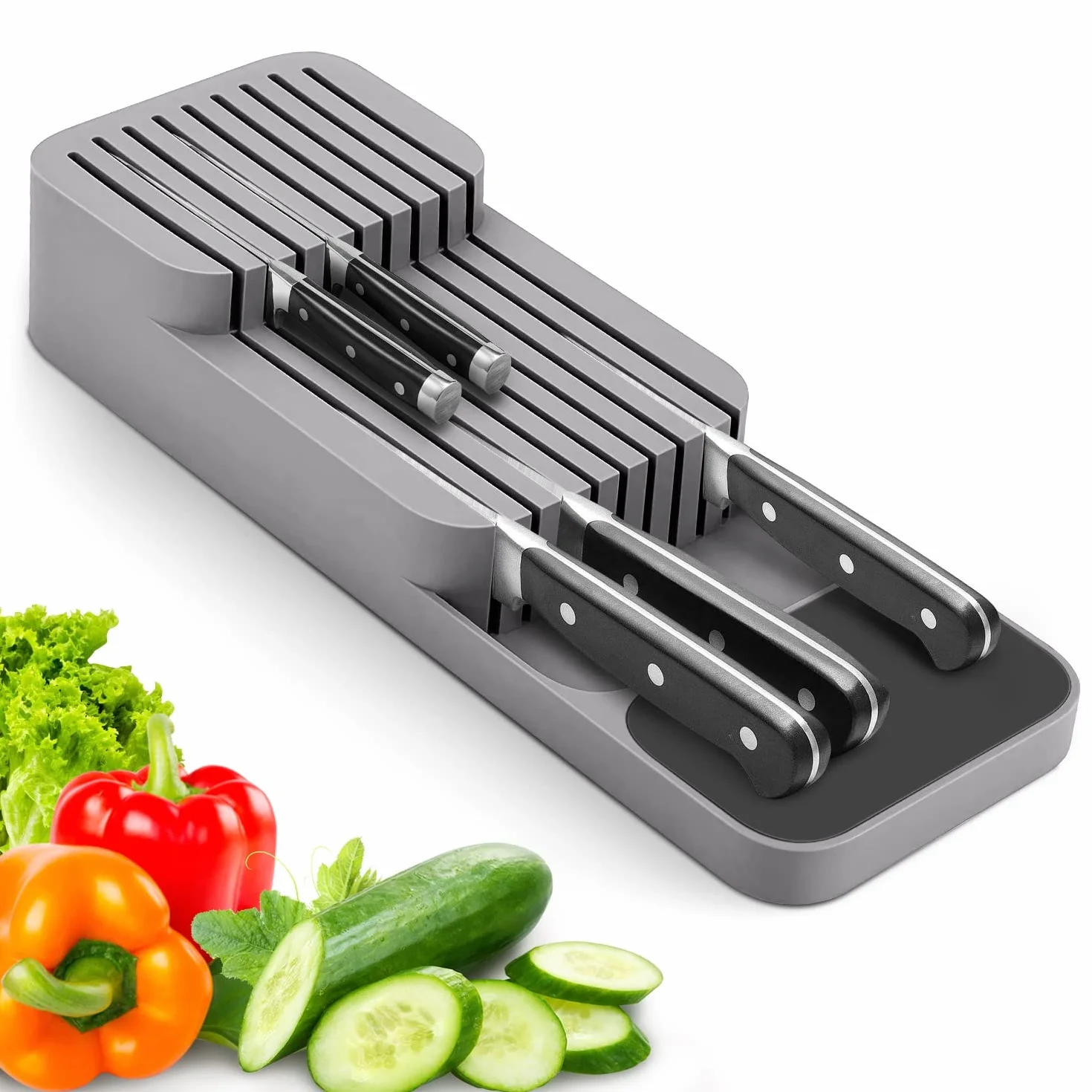 Mejorado Organizador de Cuchillos para Cajón, 2 Niveles Portacuchillos de Cocina apto para 9 Cuchillos, Extraíble y Antideslizante, Bloque de Cuchillos de Cocina con Ranura para Cuchillos, Gris