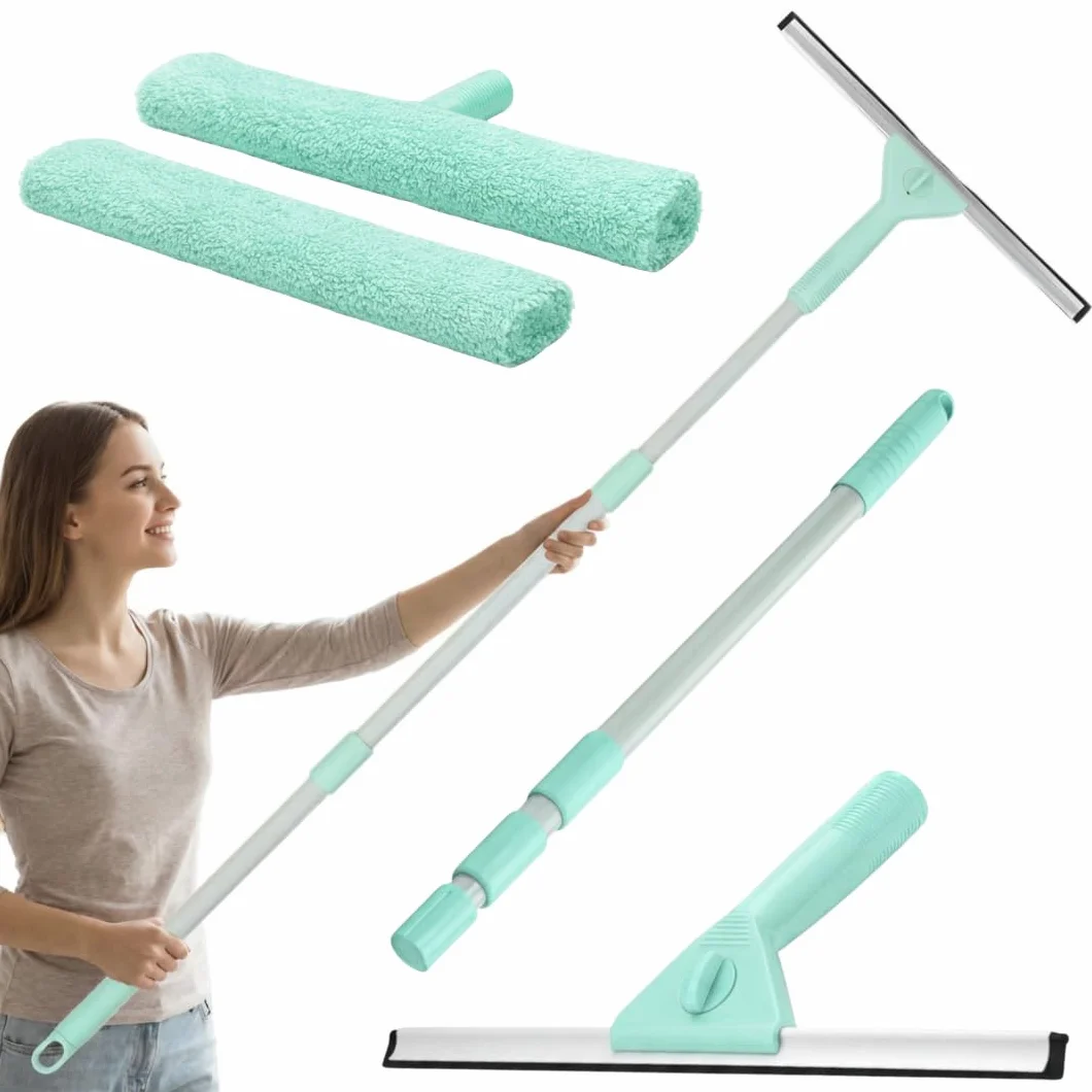 edihome, Limpia Cristales Telescópico Extensible con Longitud hasta 160 cm, Limpiacristales con 2 Cabezales, Rasqueta Tipo Escobilla de Silicona para Ventanas, Ducha y Espejo (Set Completo)