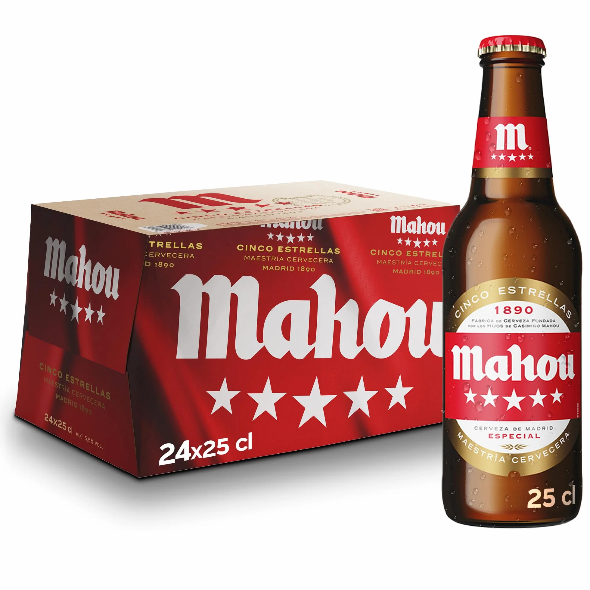 Mahou 5 Estrellas Cerveza Especial Dorada Lager Pack 24 x 25 cl 5.5% Vol