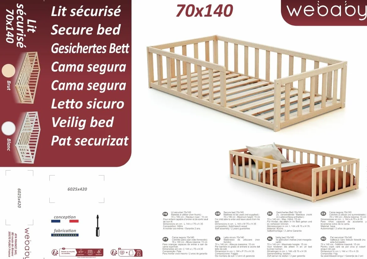 WEBABY - Cama infantil en el suelo madera - Haya Cruda - 70 x 140-144 x 75 x 35 cm