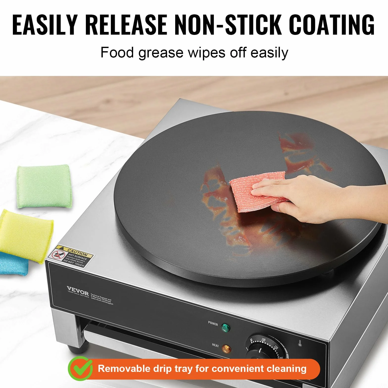 VEVOR Máquina para Crepes Comercial de Placa Plana de 3000 W, Acero Inoxidable Antiadherente, Estufa Circular de Escritorio para Panqueques y Cereales con Control de Temperatura, 435 x 455 x 225 mm