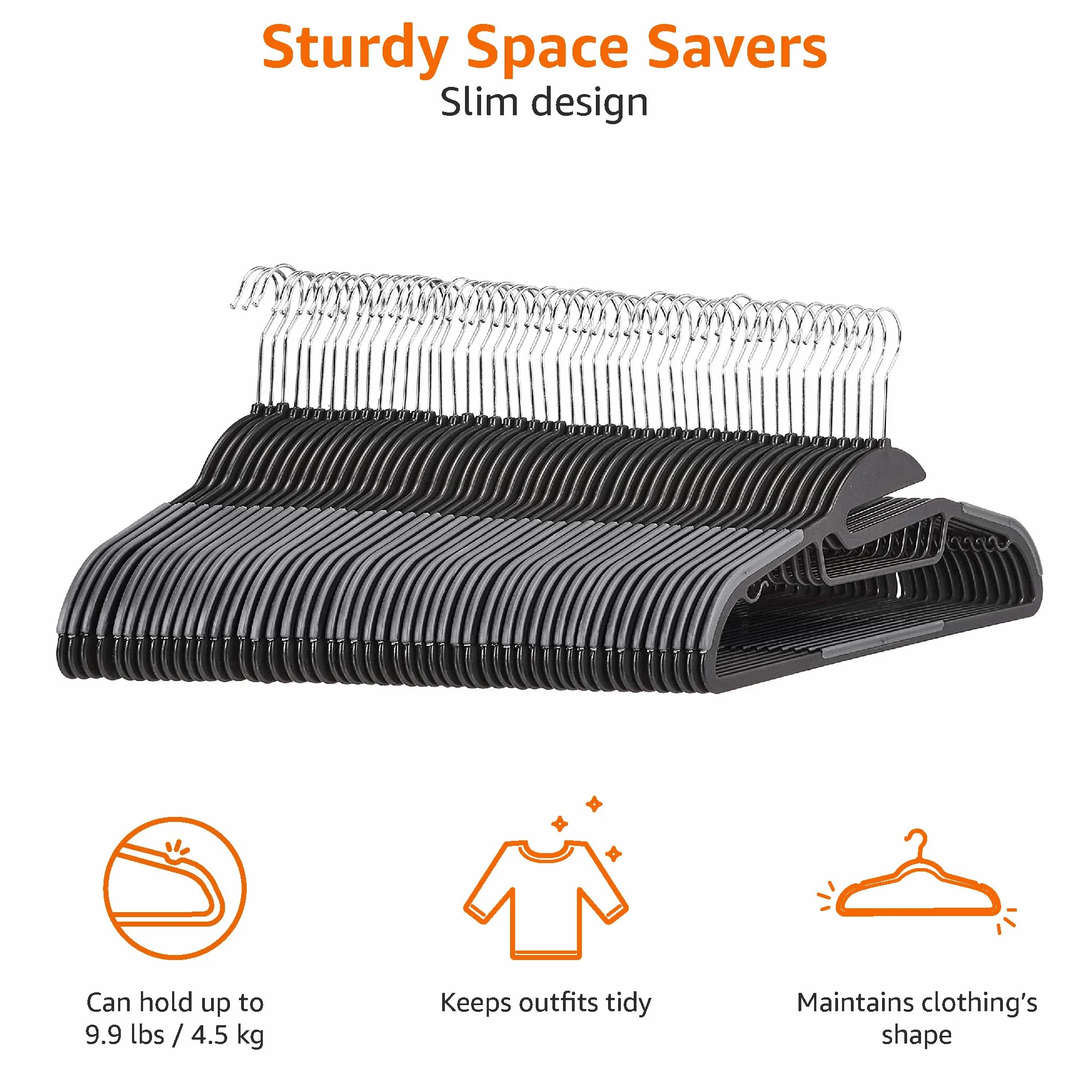 Amazon Basics Perchas de plástico, 50 Unidad, resistentes, antideslizantes, con barra horizontal de goma, color gris