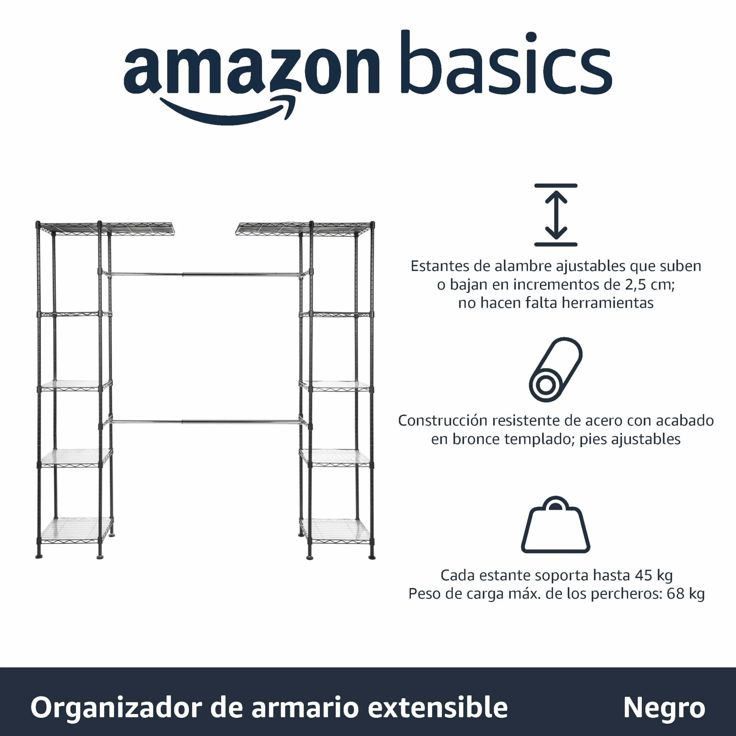 Amazon Basics Sistema organizador de armario extensible, Negro 144.8-203.2 x 35.6 x 182.9 cm