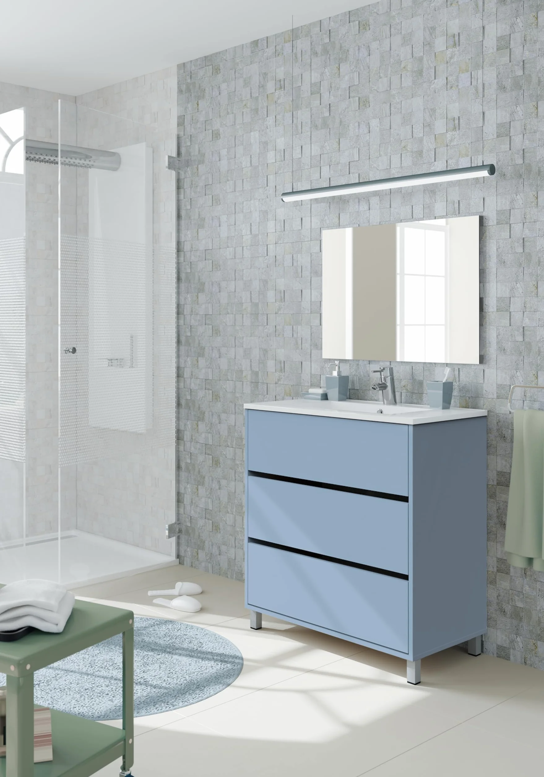 MUEBLES PITARCH | Conjunto Mueble de Baño con Lavabo cerámico y Espejo Incluido, Azul, 3 Cajones, 80cm, Ancho con Patas, Roble Cambrian, para Lavabo encastrado, Estilo Moderno Modelo Kalma