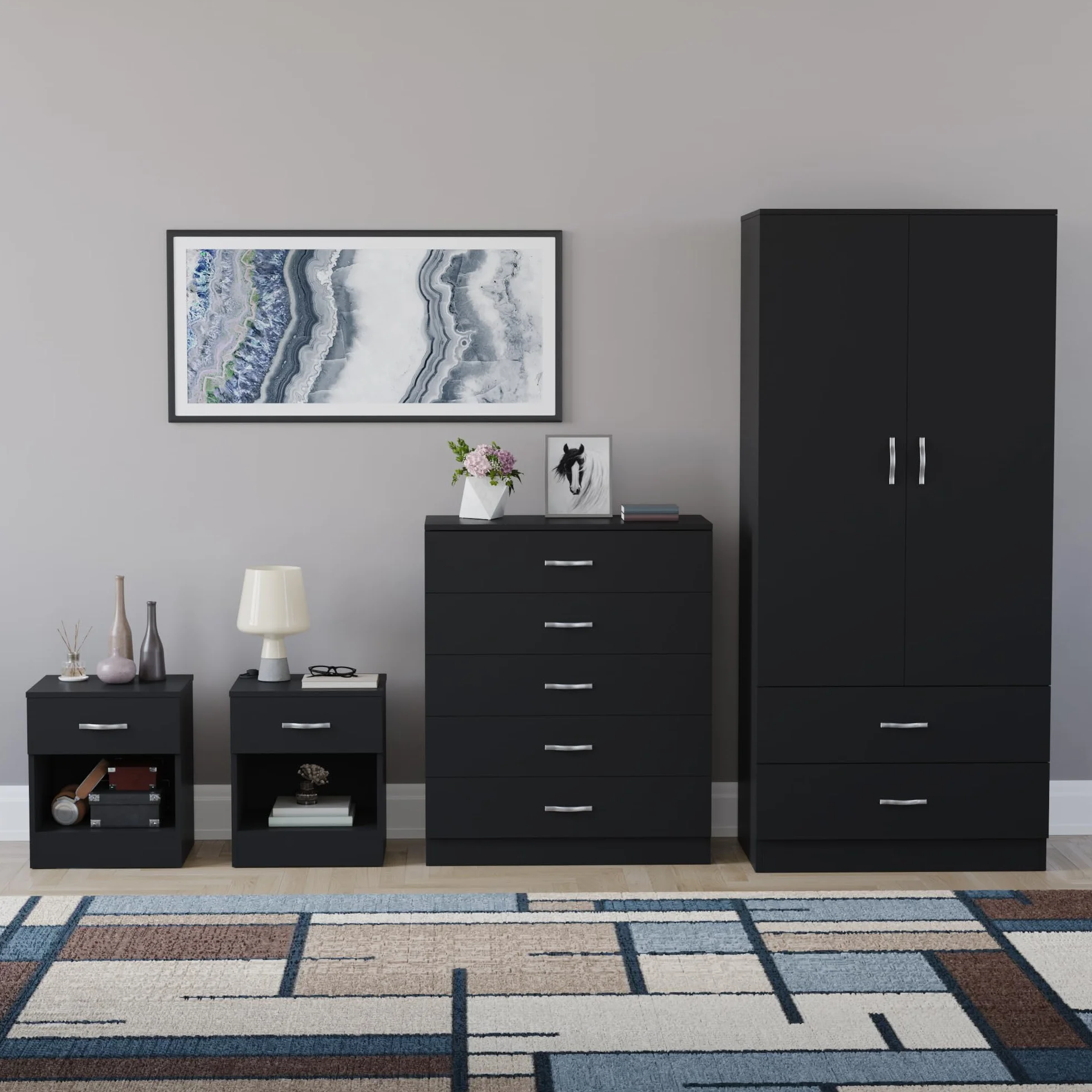 Vida Designs Riano - Juego de dormitorio de 4 piezas (1 cajón, cómoda de 5 cajones, armario de 2 puertas y 2 cajones), color negro (5)