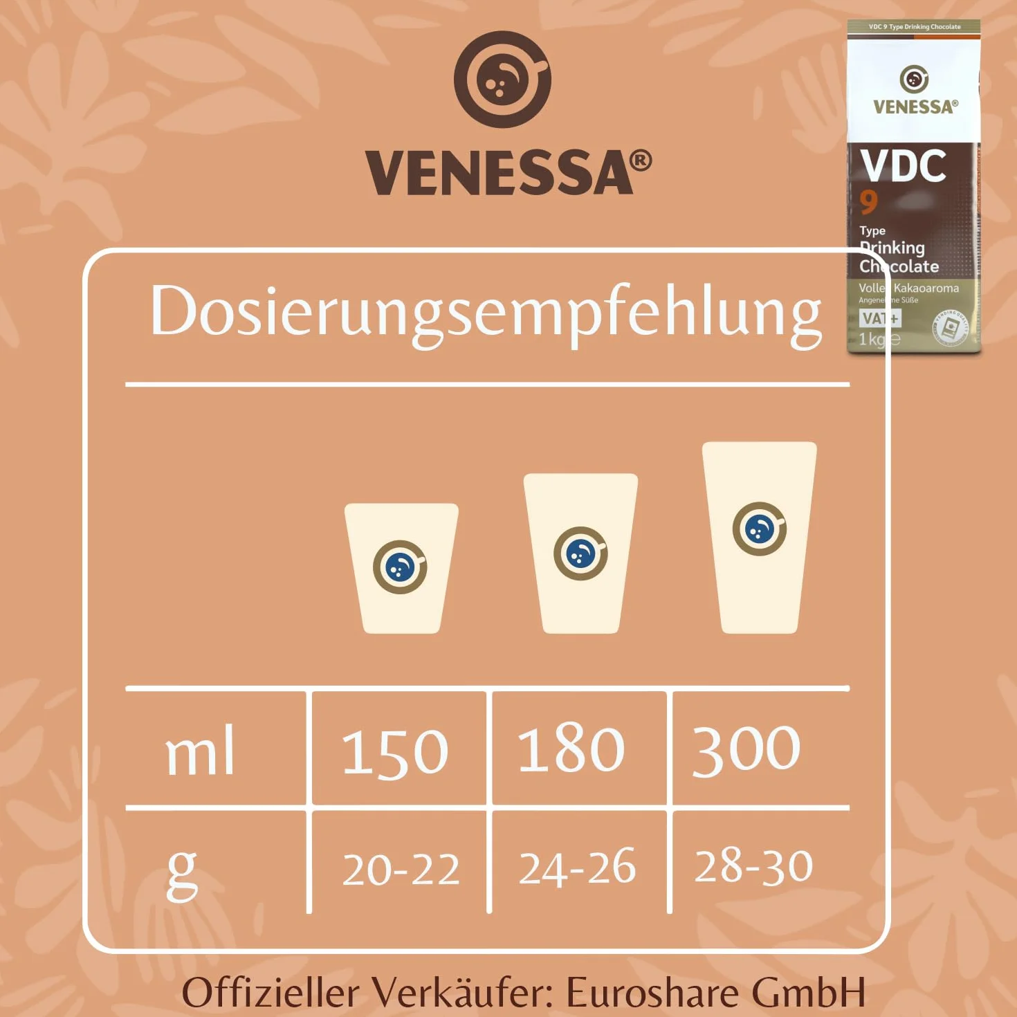 VENESSA VDC9 Chocolate para beber 2 x 1 kg Cacao en polvo 9% cacao premium Máquina expendedora